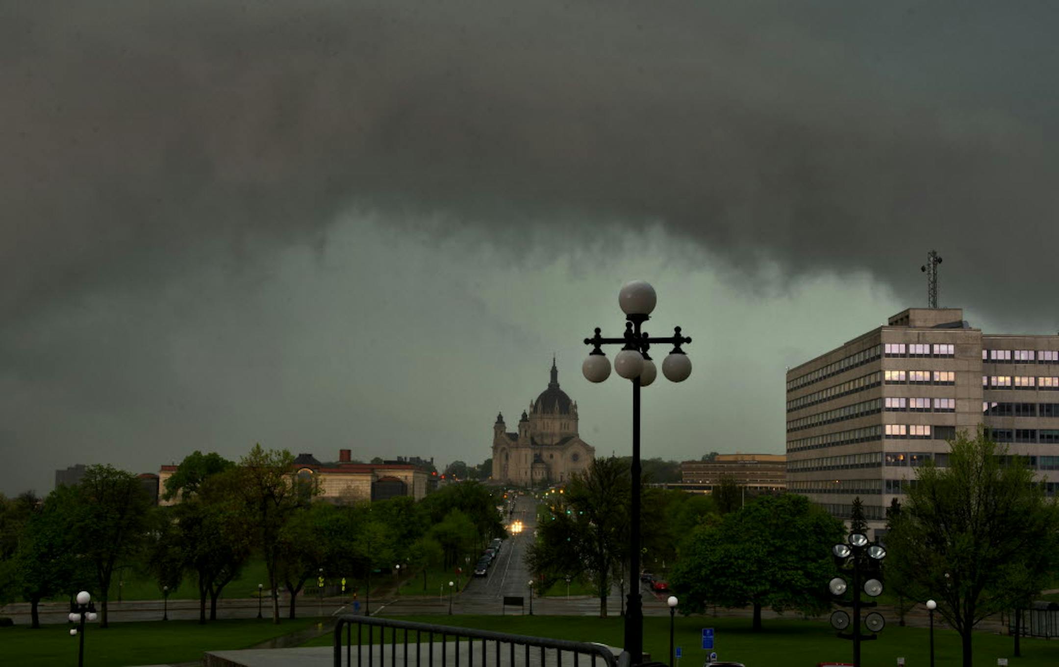 The skyline darkened as storms moved into St. Paul, dumping heavy rain on Sunday.