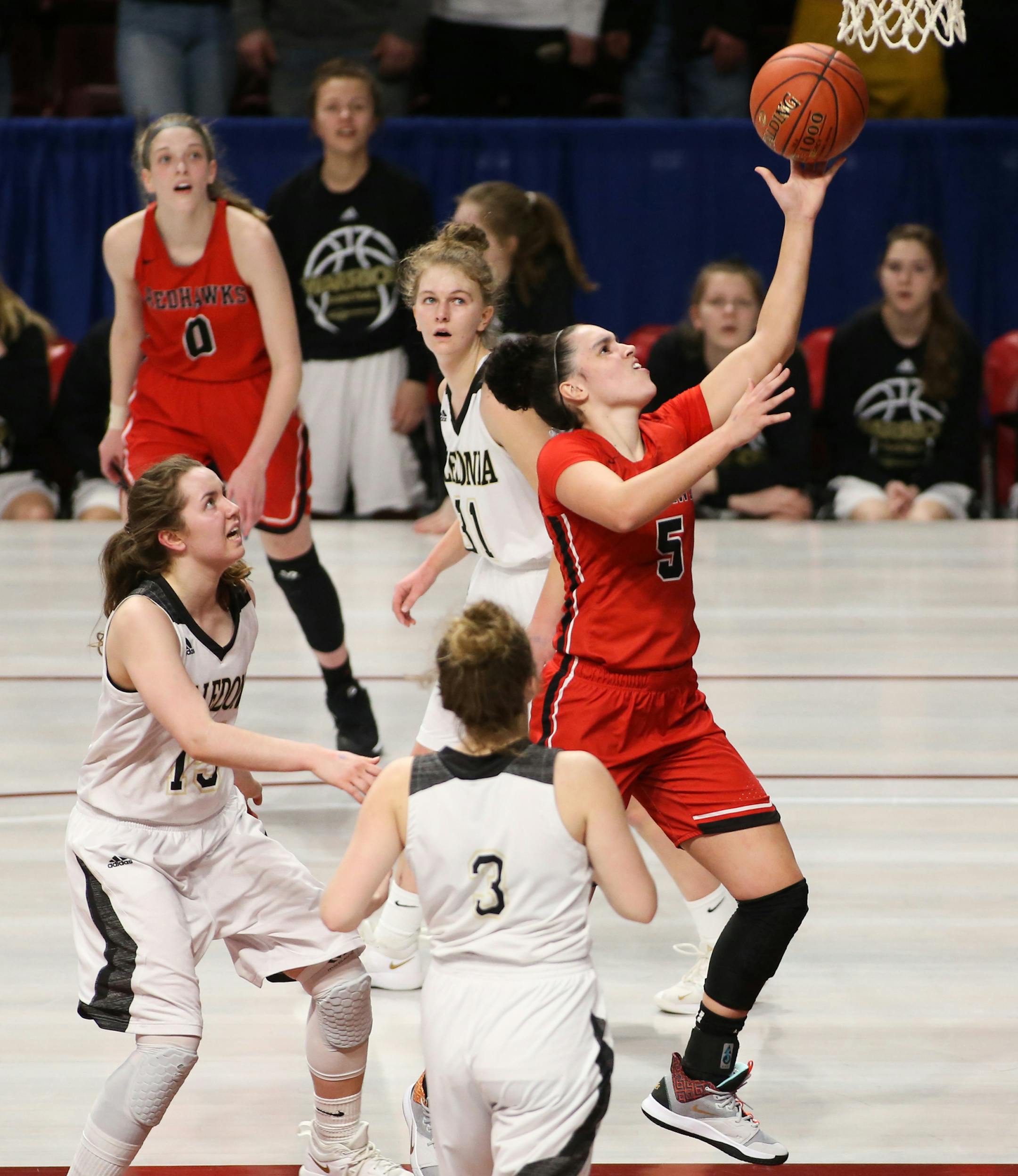 Minnehaha Academy guard Mia Curtis (5) drove for a layup in the first half. ] Shari L. Gross • shari.gross@startribune.com Minnehaha Academy led Caledonia 33-27 at the half in the Class 2A state girls basketball championship on Saturday, March 16, 2019 at Willams Arena on the University of Minnesota campus in Minneapolis.