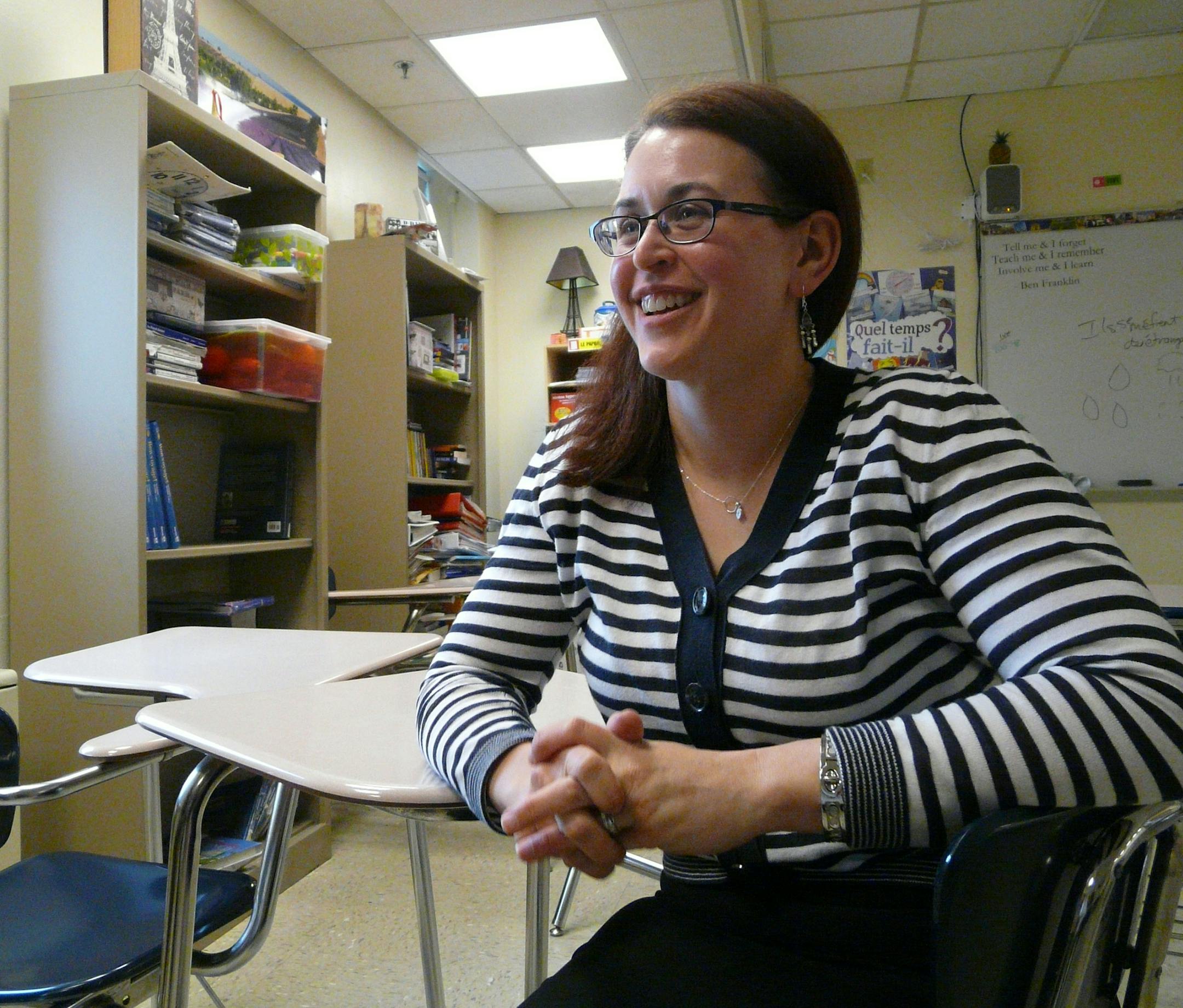 Caroline Little, the only French teacher at St. Thomas Academy in Mendota Heights, with an advanced class of high schoolers. She has been named the national French Teacher of the Year for secondary schools. Photo by David Peterson, david.a.peterson@startribune.com
