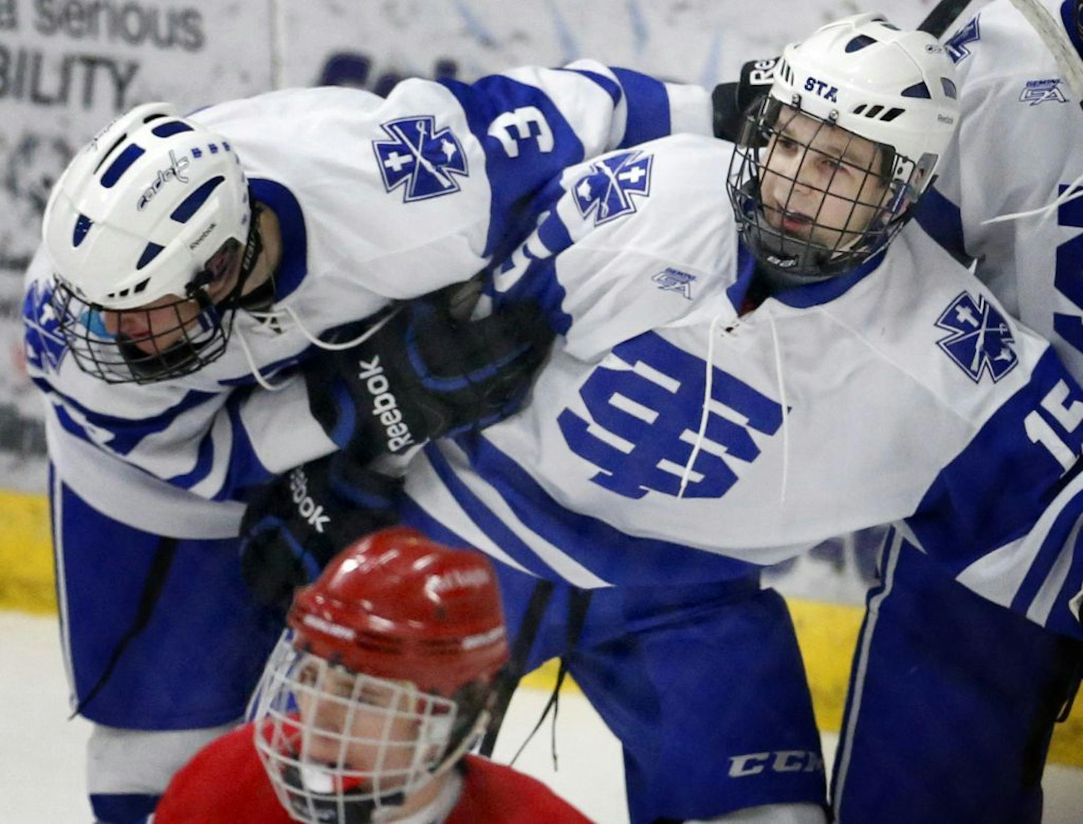 St. Thomas Academy's T.J. Samec (3) and Tommy Novak (15) celebrated Novak's goal in the second period.
