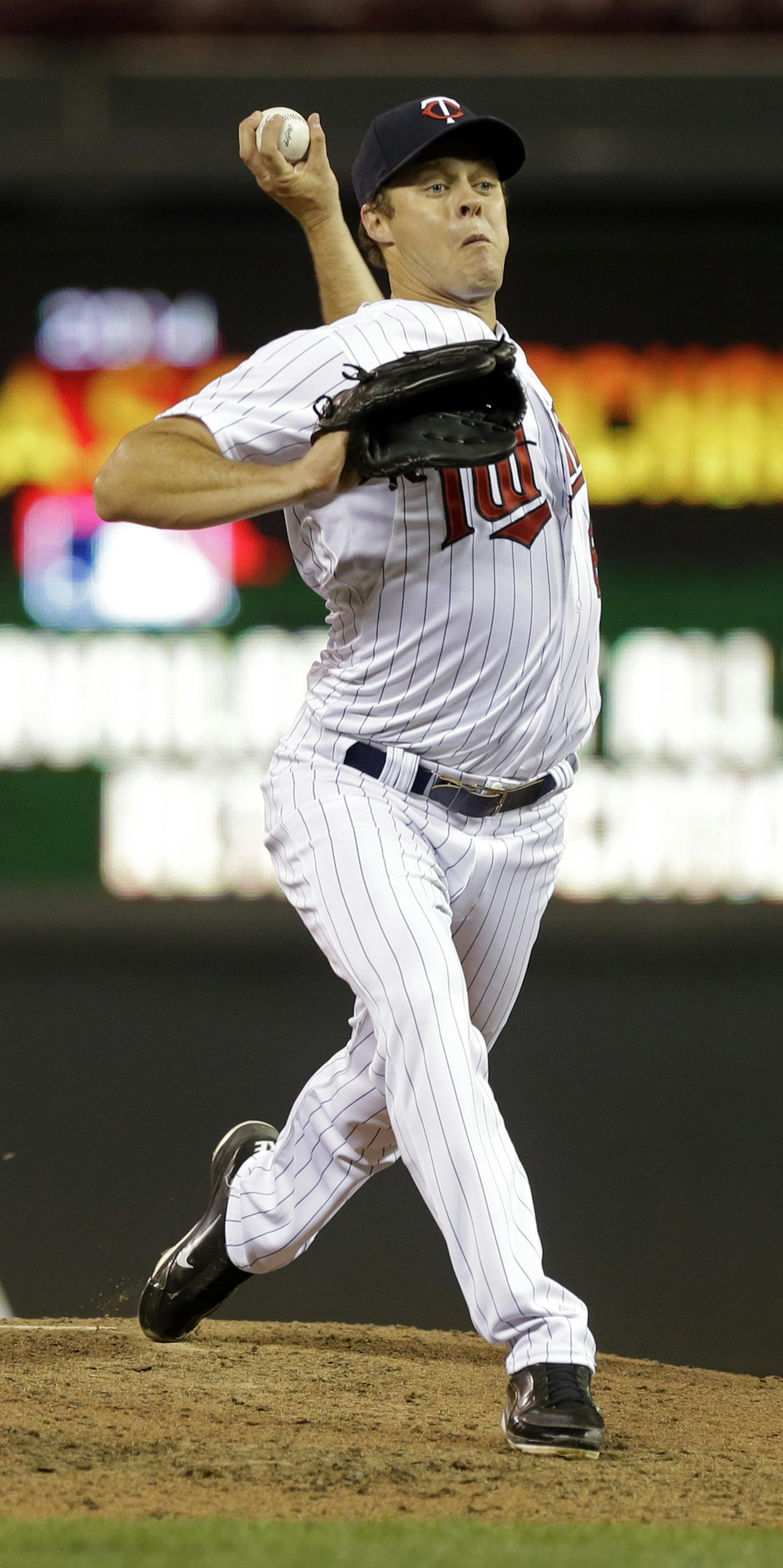 Minnesota Twins pitcher Andrew Albers throws against the Cleveland Indians in the seventh inning of a baseball game, Monday, Aug. 12, 2013 in Minneapolis where he went on to shut out the Indians 3-0. (AP Photo/Jim Mone) ORG XMIT: MIN2013081318221659