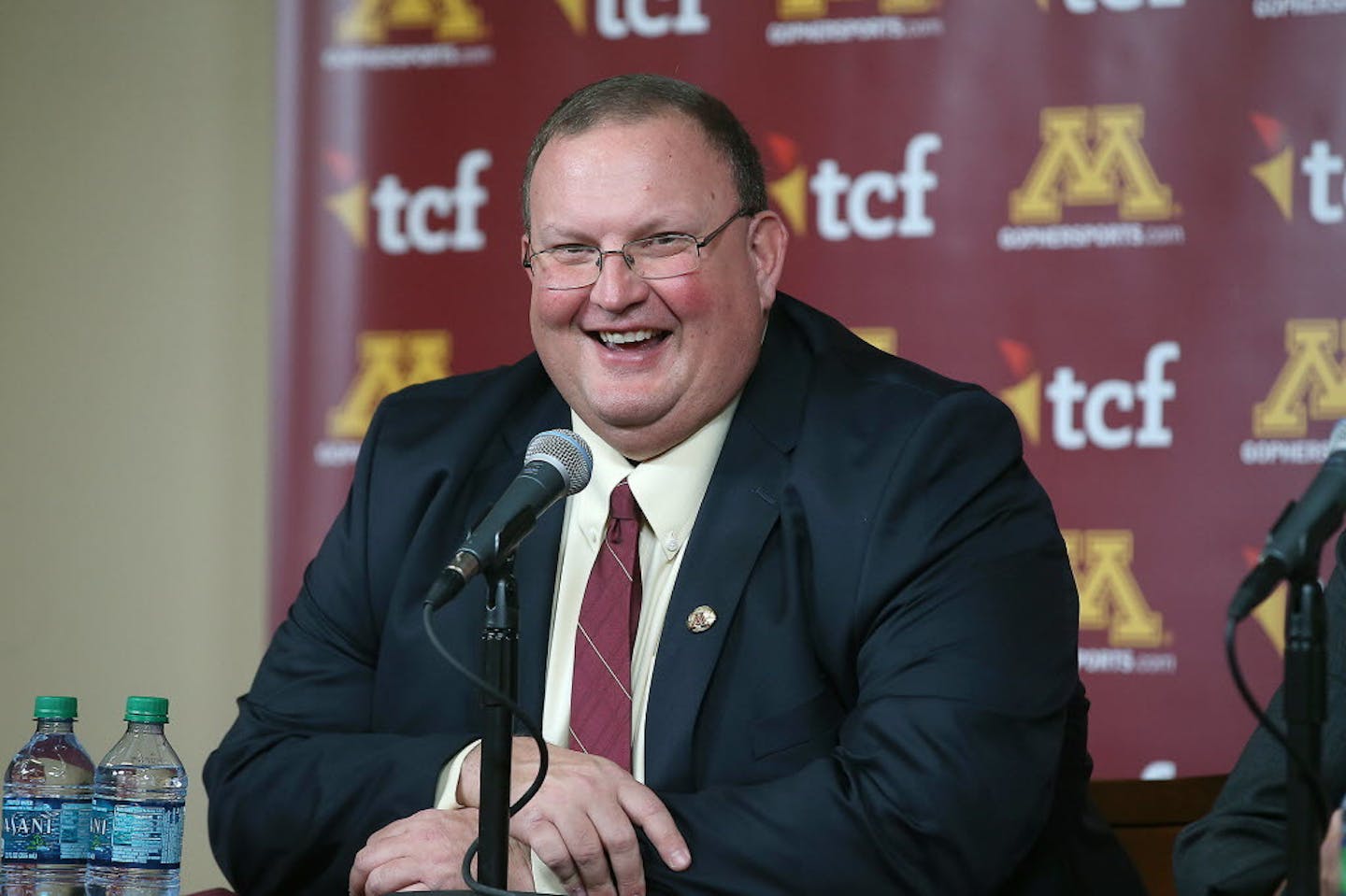 Tracy Claeys was all smiles after he was named the new head coach for the Minnesota Gophers football team during a press conference at TCF Bank Stadium, Wednesday, November 11, 2015 in Minneapolis.