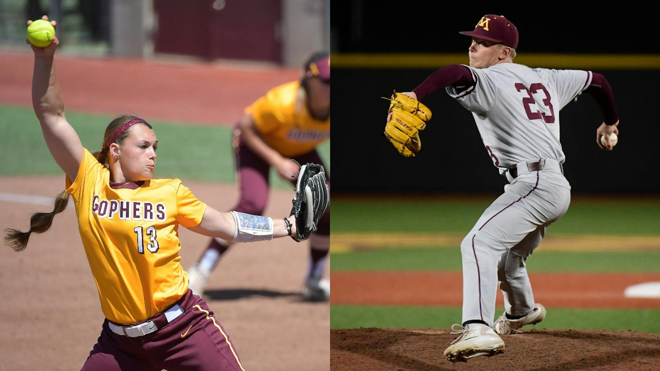 The Gophers softball team's No. 1 starter, Amber Fiser (left), was 27-10 with a 1.69 ERA last season. Gophers reliever Max Meyer (right) is on this year's "Stopper of the Year" college baseball watch list. Meyer was 2-3 with 16 saves and a 2.06 ERA.