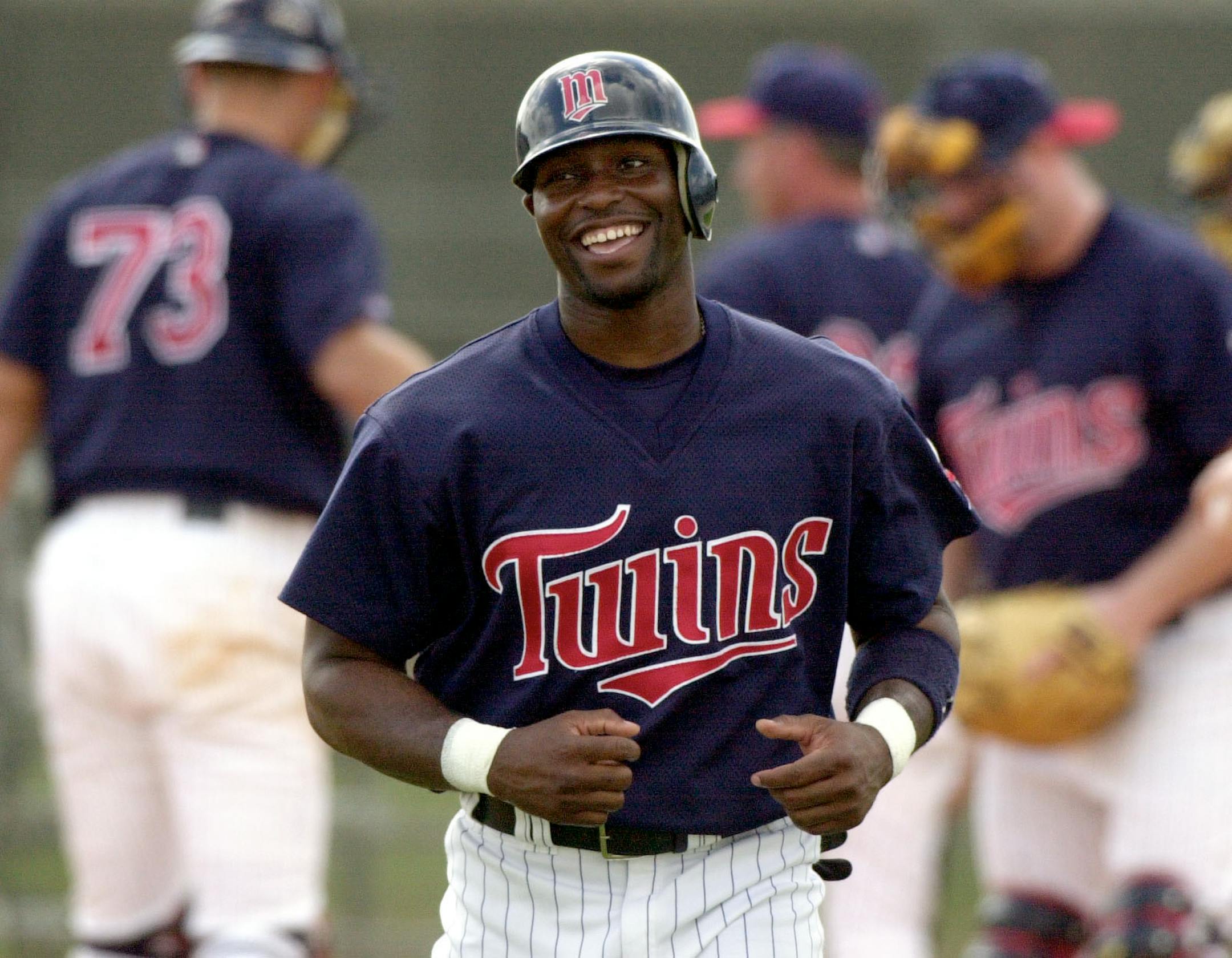 Torii Hunter, shown during practice at Twins spring training in 2001, blossomed into a brilliant center fielder later that season.