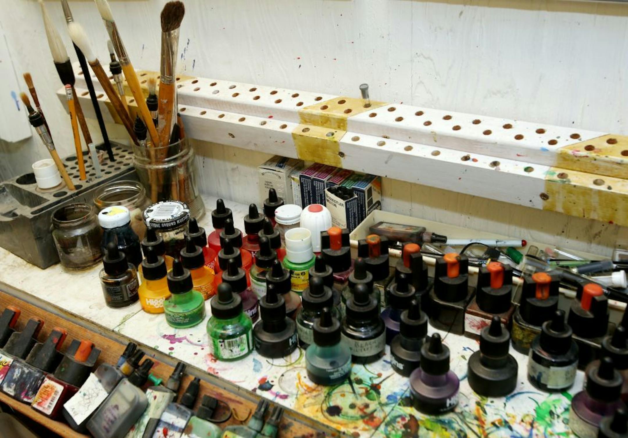 Inks and brushes used by former MCAD prof Roman Verostko, 85, is an internationally known pioneer in creative coding, generative and algorist art (which most of us call "computer art"), a one time Benedictine monk/priest in his South Minneapolis studio.