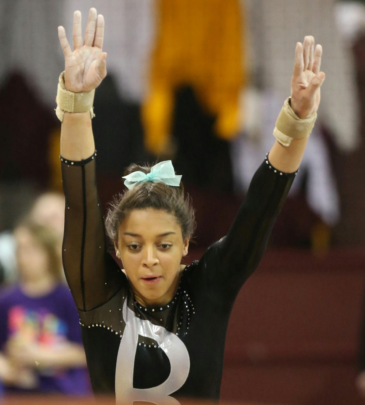 Roseville's Isis Muller on the vault a the Minnesota State High School 2A team gymnastics meet Friday, Feb. 20. 2015, at the University of Minnesota Sports Pavillion in Minneapolis, MN.](DAVID JOLES/STARTRIBUNE)djoles@startribune.com 2A state team gymnastics meet.**Isis Muller,cq ORG XMIT: MIN1502201926052385