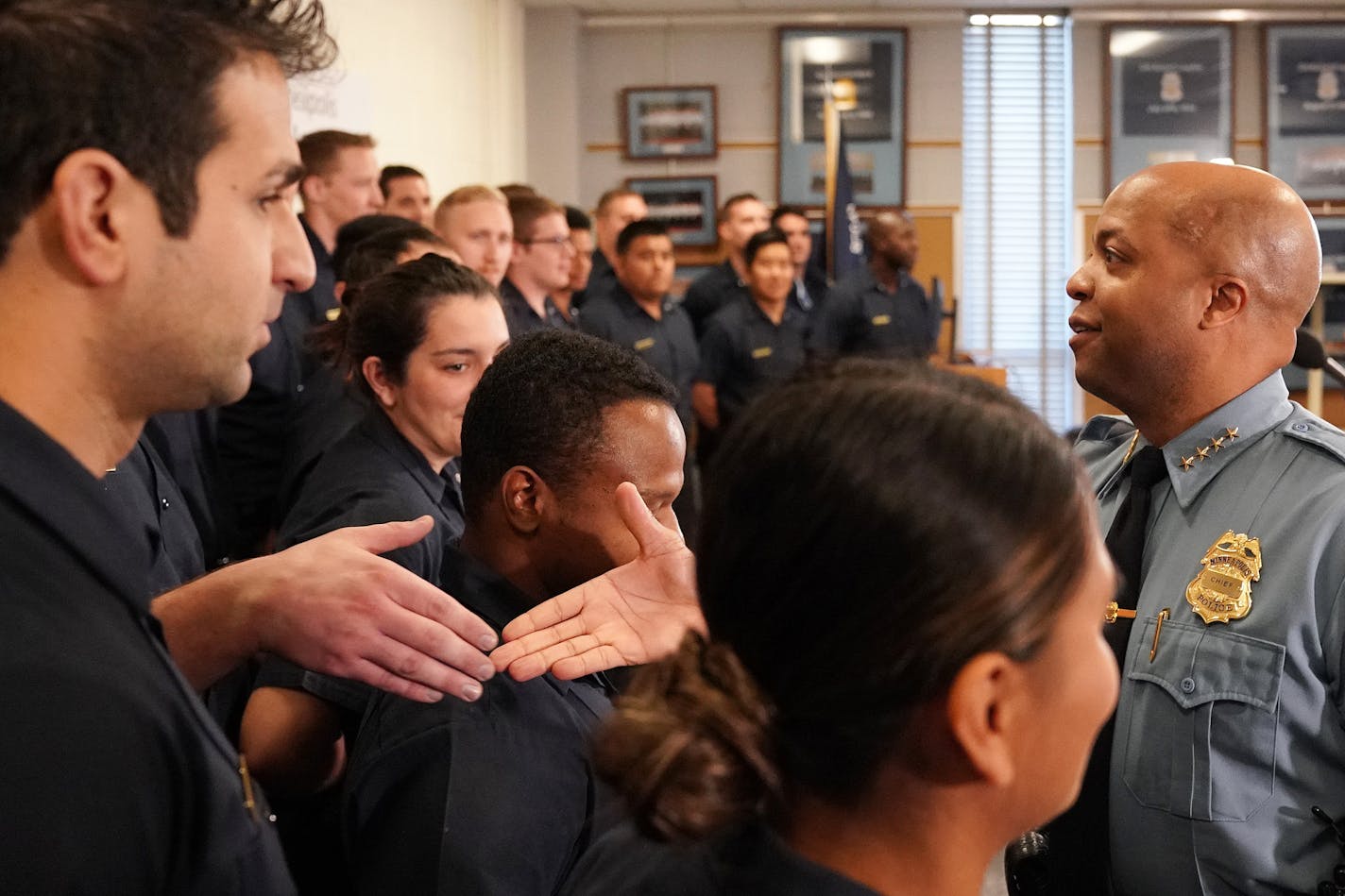 Police Chief Medaria Arradondo greeted cadets ahead of a news conference held by Mayor Jacob Frey. ] ANTHONY SOUFFLE &#x2022; anthony.souffle@startribune.com Mayor Jacob Frey held a news conference to announce that he has appointed Police Chief Medaria Arradondo for another term Thursday, Nov. 1, 2018 at the Minneapolis Police Department's Special Ops Center in north Minneapolis.