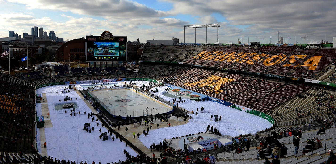 An overall view of TCF Bank Stadium before Saturday's NHL Stadium Series alumni game. ] (AARON LAVINSKY/STAR TRIBUNE) aaron.lavinsky@startribune.com The 2016 Coors Light NHL Stadium Series alumni game was held Saturday, Feb. 20, 2016 at TCF Bank Stadium in Minneapolis, Minn.