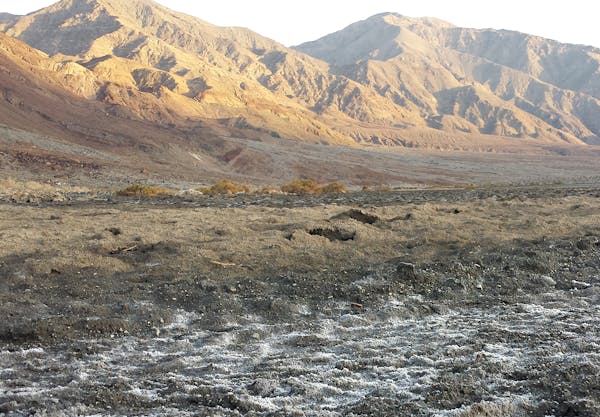 Death Valley is technically a dry inland sea, and tiny salt crystals are everywhere. Illustrates DROUGHT (category a), by Eric Holthaus (c) 2014, Slat