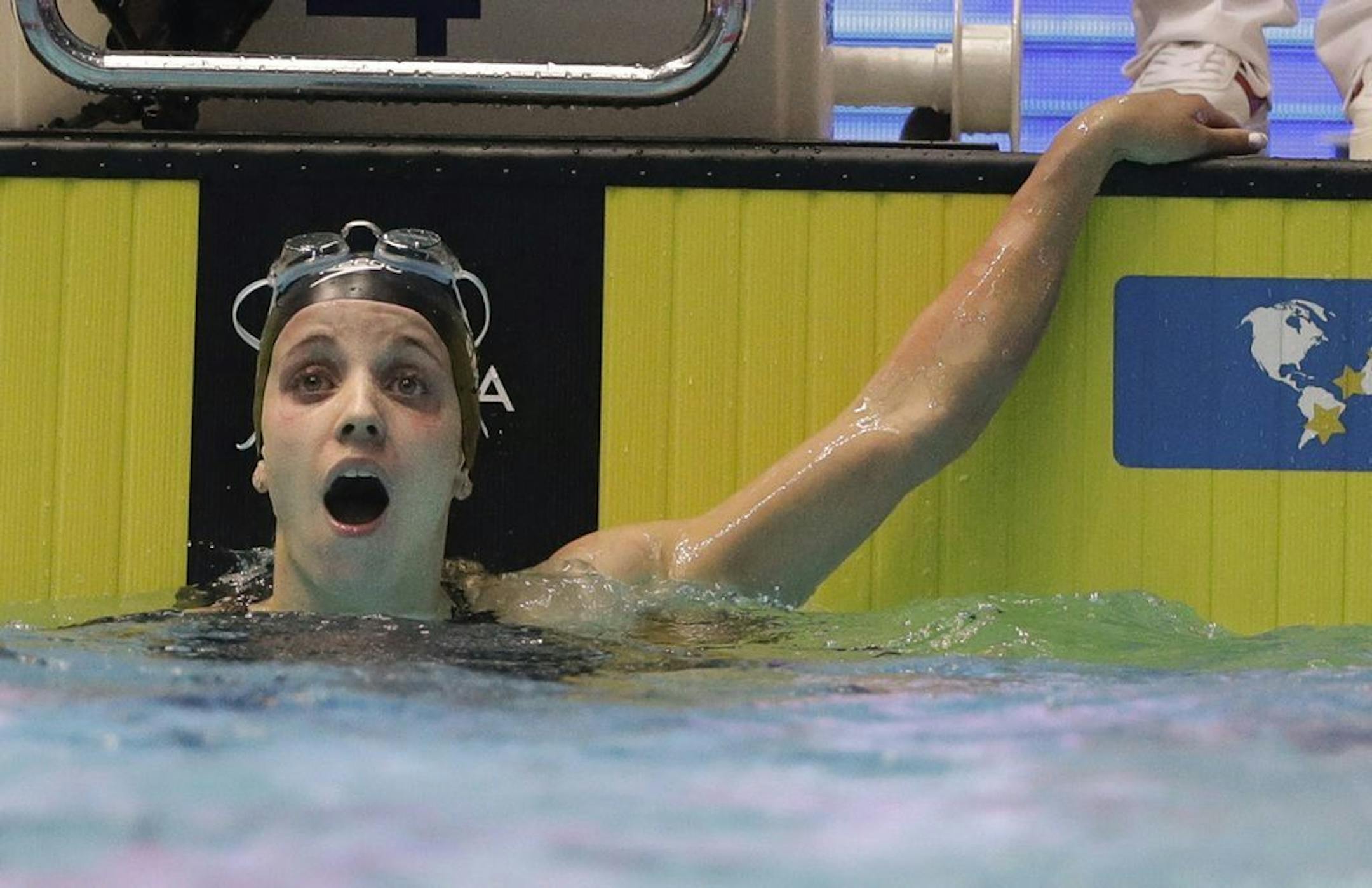 United States' Regan Smith reacts after her women's 200m backstroke semifinal at the World Swimming Championships in Gwangju, South Korea, Friday, July 26, 2019.