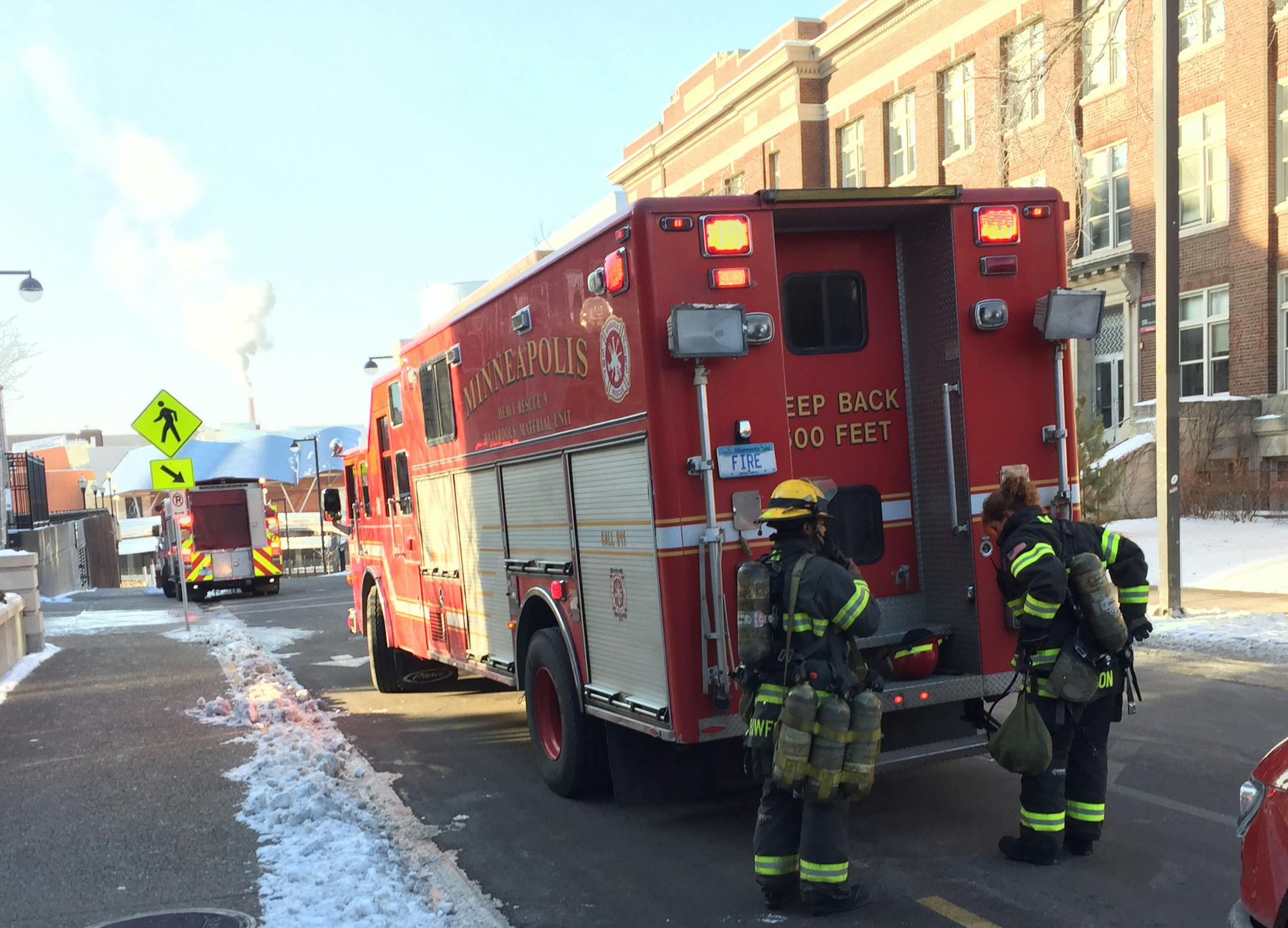 Firefighters are on the scene of a report of a chemical odor, which prompted the evacuation of two University of Minnesota classroom buildings on Thursday, March 5, 2015.