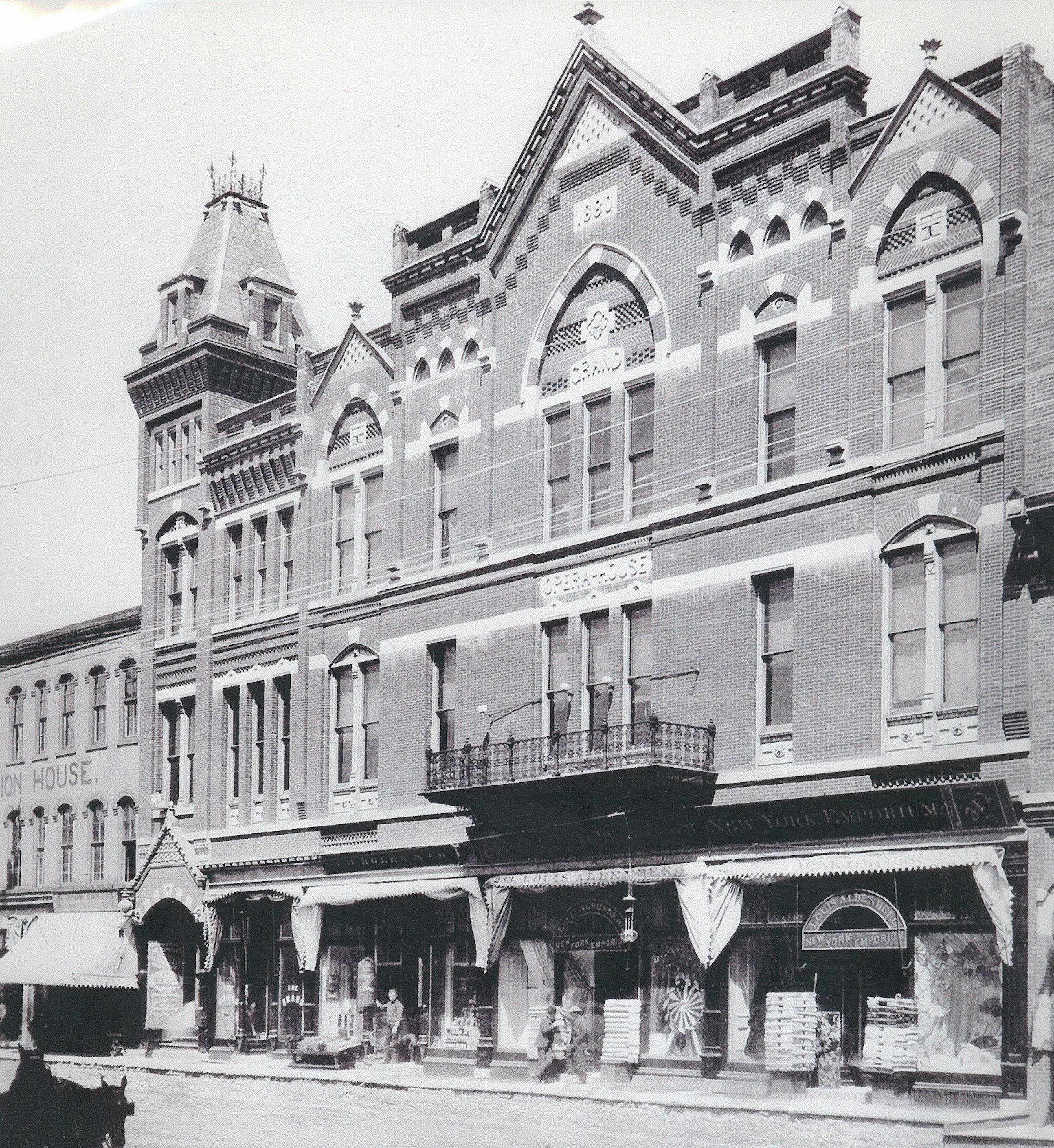 The Grand Opera House in Stillwater, opened in 1881, loomed above Main Street until fire destroyed it in 1902.