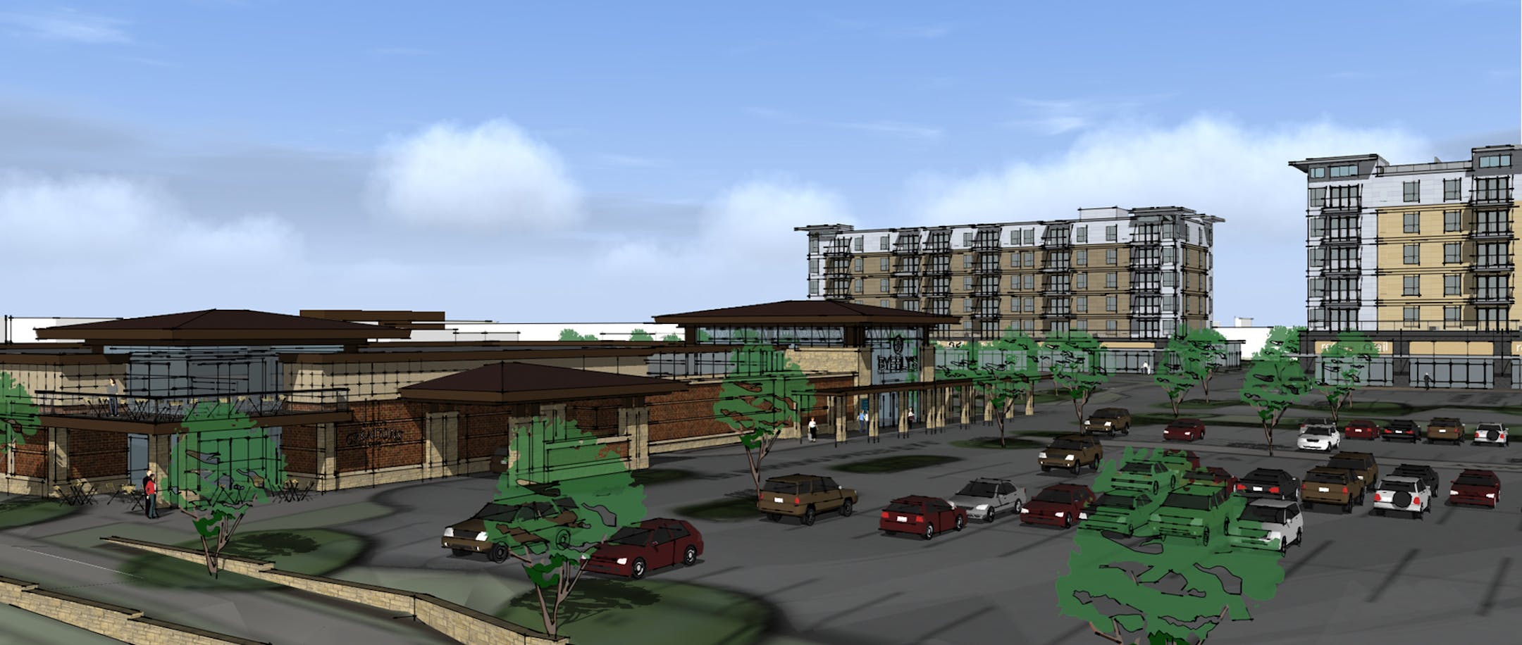 Image courtesy of Lunds Inc. / This is an artist's rendering of a development plan that would replace Edina's current Byerly's story with a new one and several nearby apartment buildings.