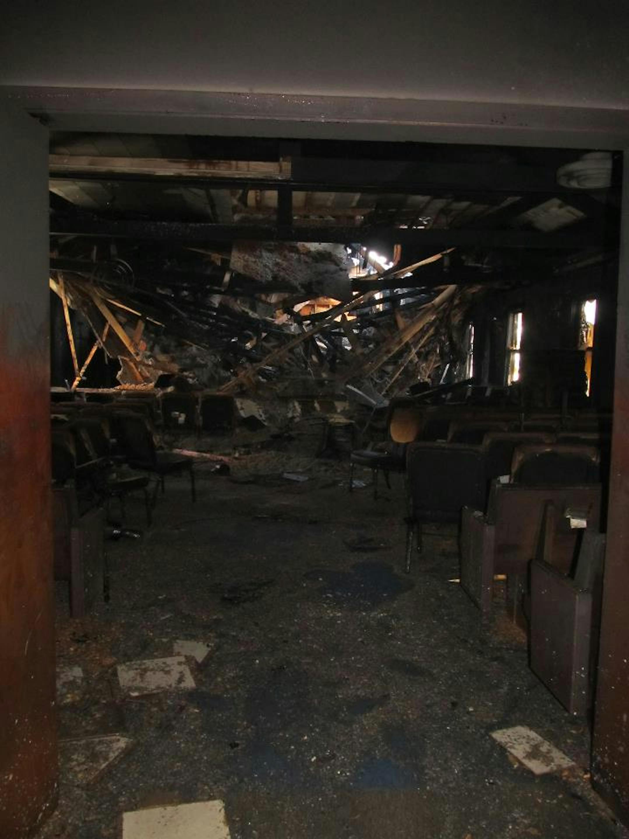 Fire left little more than the shell of Verndale Family Life Church standing in the Wadena County city of about 600. This view is of the sanctuary, from the back.