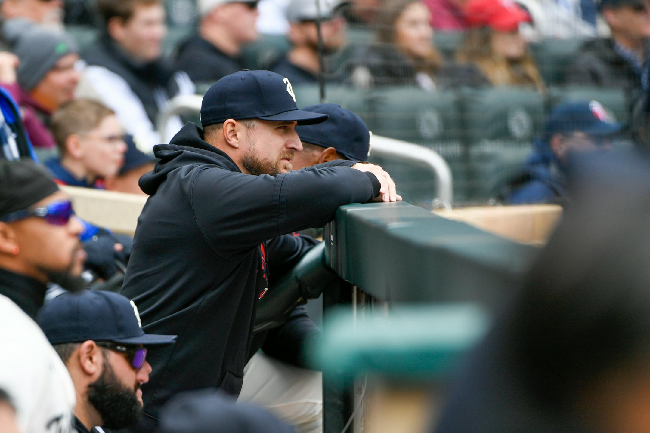 Minnesota Twins manager Rocco Baldelli watches their game against the Washington Nationals during the fourth inning of a baseball game, Sunday, April 23, 2023, in Minneapolis. The Twins won 3-1. (AP Photo/Craig Lassig)