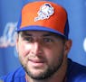 Tim Tebow talks during a press conference after his first instructional league baseball game for the New York Mets against the St. Louis Cardinals ins