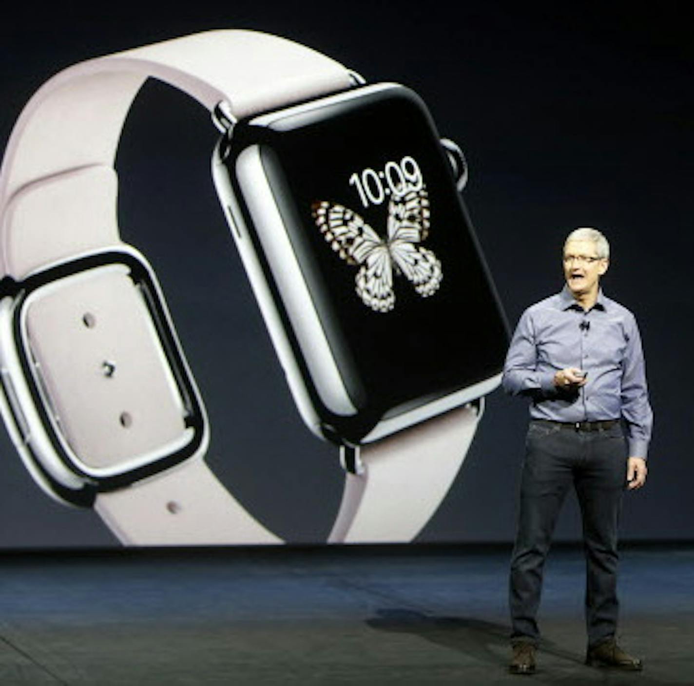 Apple CEO Tim Cook talks about updates to the Apple Watch during a media event at the Bill Graham Civic Auditorium on Sept. 9, 2015 in San Francisco, Calif. (Karl Mondon/Bay Area News Group/TNS) ORG XMIT: 1173821