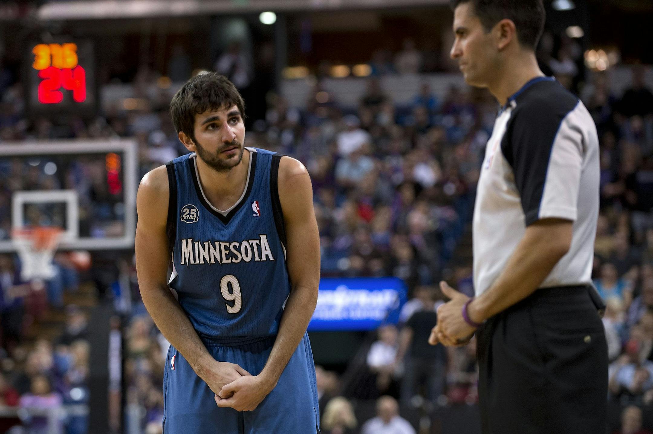 The Minnesota Timberwolves' Ricky Rubio (9) pleads with referee Zach Zarba during action against the Sacramento Kings at Sleep Train Arena in Sacramento, Calif., on Saturday, March 1, 2014. (Randall Benton/Sacramento Bee/MCT)