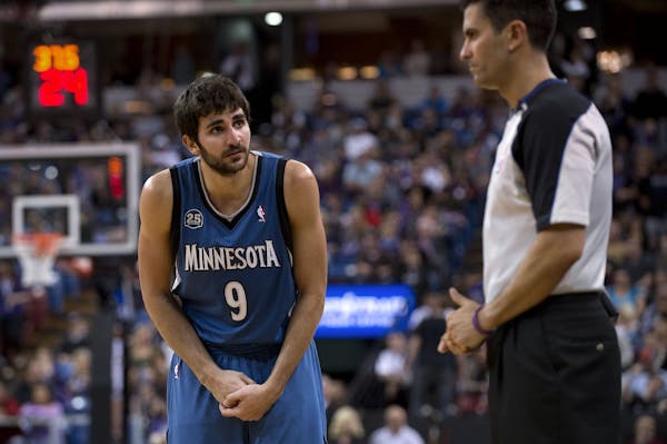 The Minnesota Timberwolves' Ricky Rubio (9) pleads with referee Zach Zarba during action against the Sacramento Kings at Sleep Train Arena in Sacramen