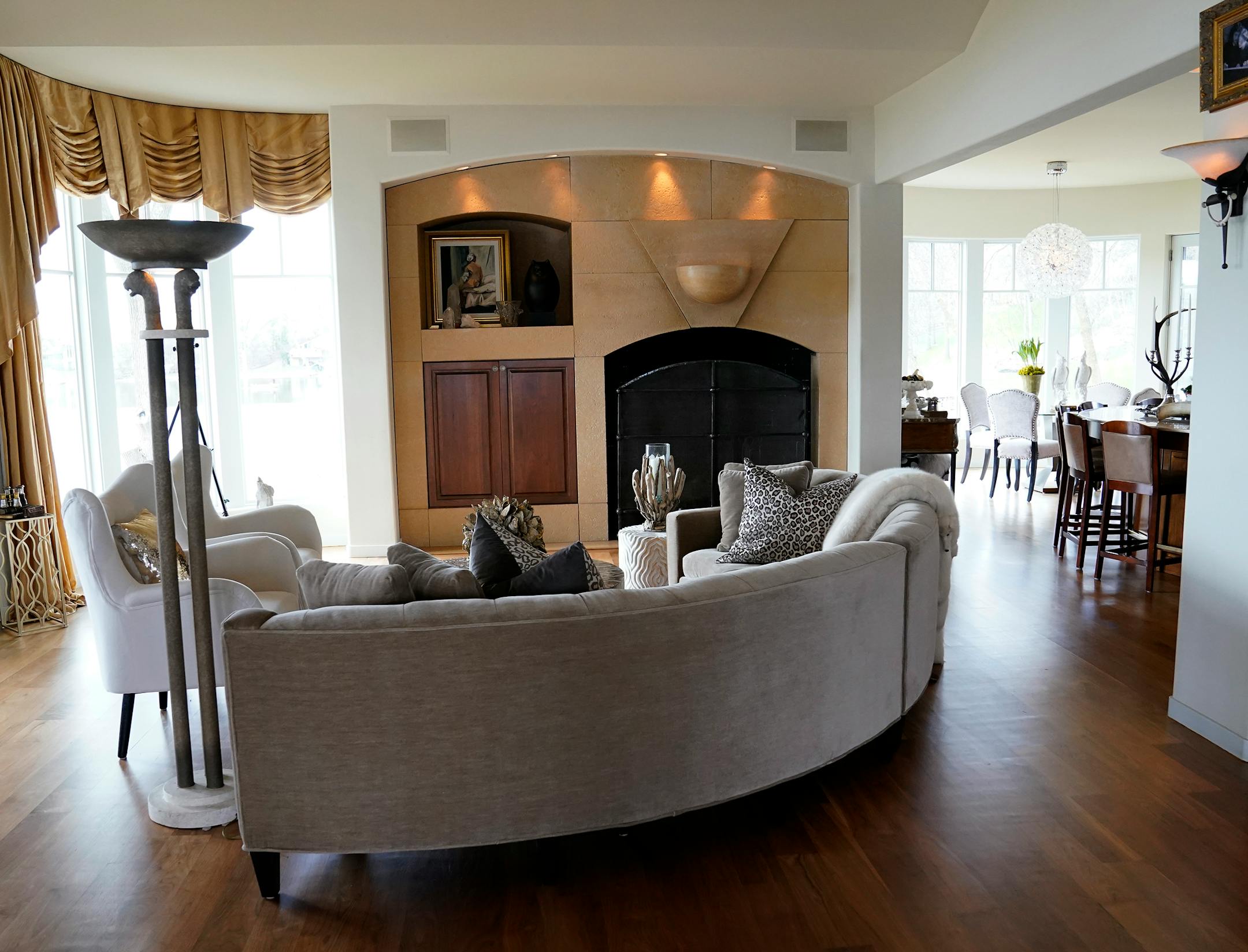 The living room, which looks into the dining area.