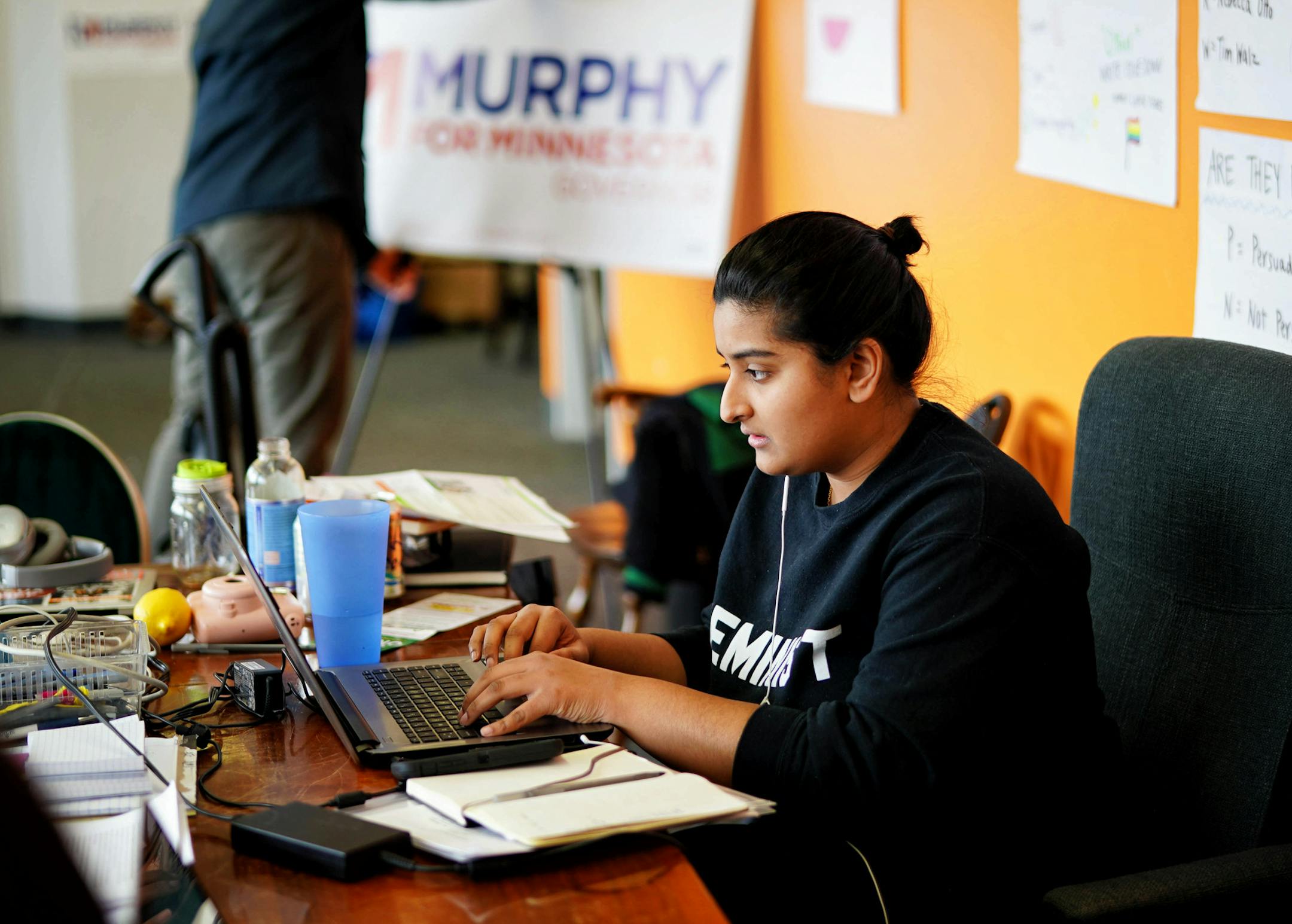 Aisha Chughtai and Charlie Cox, field organizers for Erin Murphy's gubernatorial campaign, belong to a campaign workers union. Charlie is the union steward. ] GLEN STUBBE &#x2022; glen.stubbe@startribune.com Wednesday, April 11, 2018 Two Democratic campaigns in Minnesota are among the first 11 campaign organizations across the country to have unionized workers. Erin Murphy's campaign is the nation's first gubernatorial campaign to sign up - at a time when union clout is waning. Campaign staffers