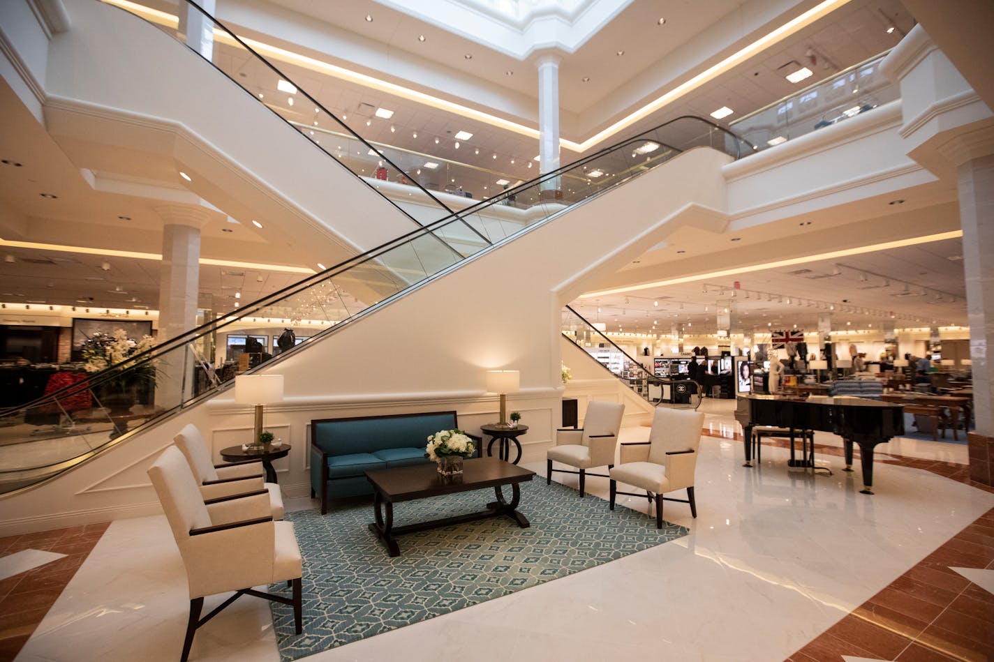 A lounging piano area at the new Von Maur store in Roseville, Minn., on Wednesday, October 4, 2018. The store opens October 13. ] RENEE JONES SCHNEIDER � renee.jones@startribune.com