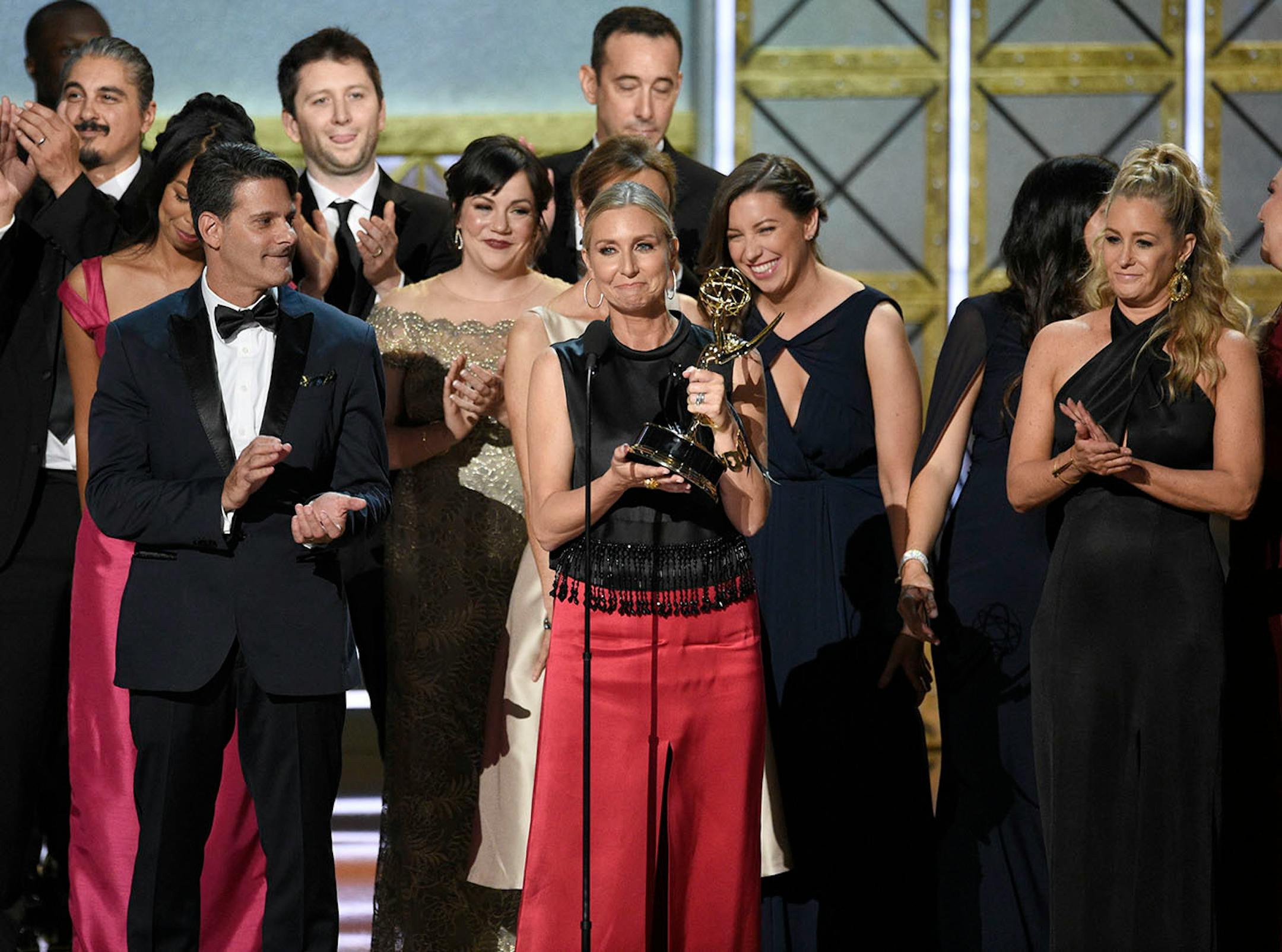 Audrey Morrissey accepts the award for outstanding reality-competition program for "The Voice" at the 69th Primetime Emmy Awards on Sunday, Sept. 17, 2017, at the Microsoft Theater in Los Angeles.