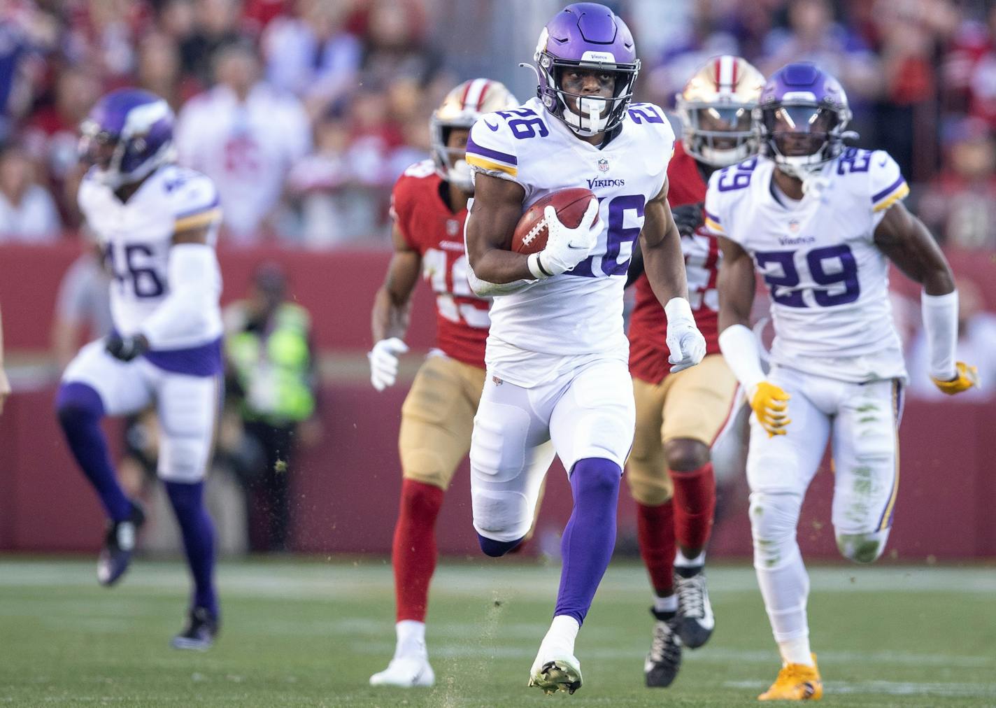 Minnesota Vikings running back Kene Nwangwu (26) scores in on a 99 yard kickoff return in the third quater , in Santa Clara, Calif., on Sunday, Nov. 28, 2021. The San Francisco 49ers defeated the Minnesota Vikings 34-26 in a NFL football game at Levi's Stadium. ] JERRY HOLT •Jerry.Holt@startribune.com