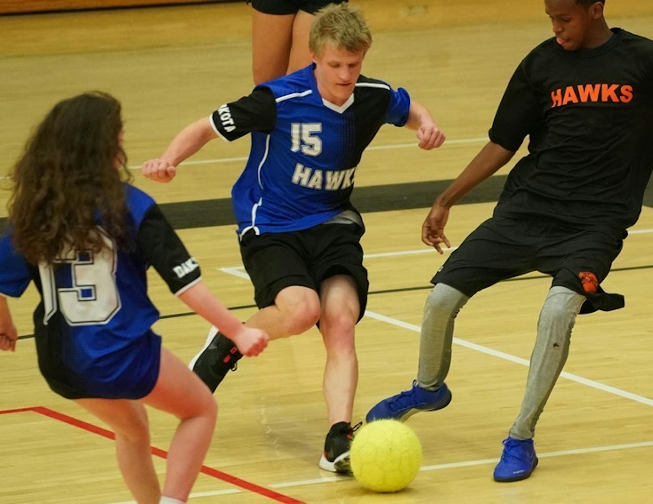 Dakota United's Samuel Gerten (15) battled St. Paul Humboldt's Liban Farah (10) for the ball.