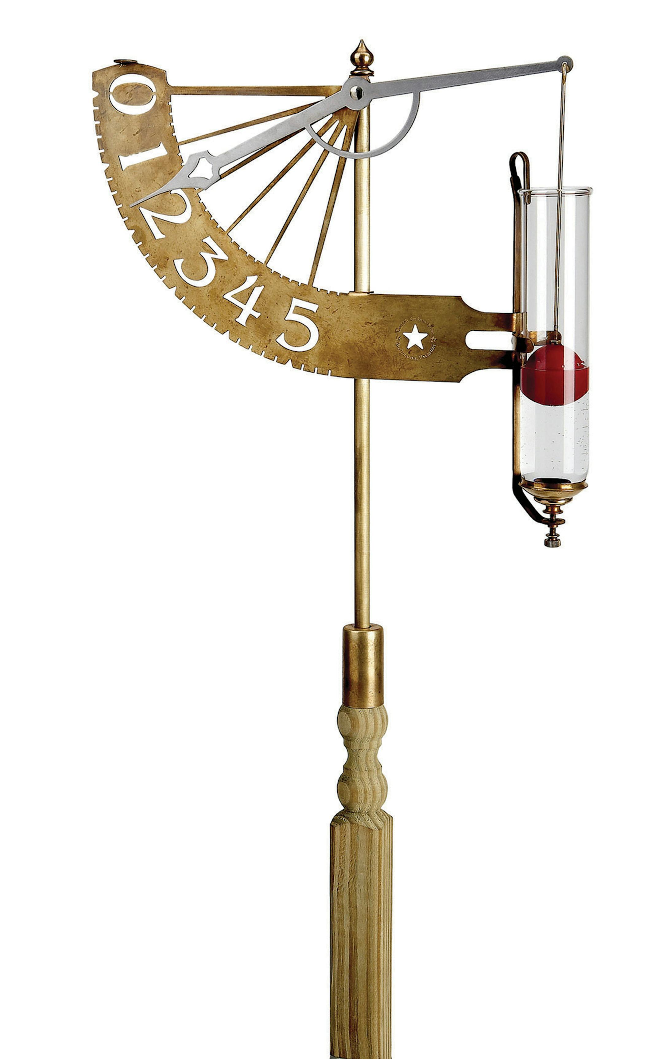 This striking float-and-lever rain gauge was inspired by the mechanical inventions of Thomas Jefferson. As rain fills a glass vial, the float rises and a pointer registers the rainfall amount. Made of solid brass, stainless steel, glass and wood, it stands 42 inches high and 12 1/2 inches wide. It's $154.99 at conantcollections.com. (Photo courtesy Conant/TNS) ORG XMIT: 1177062