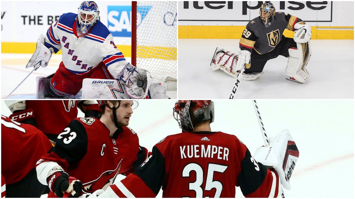 Goaltenders who could be available to the Wild include Henrik Lundqvist (top left), Marc-Andre Fleury (top right) and former Wild goalie Darcy Kuemper.