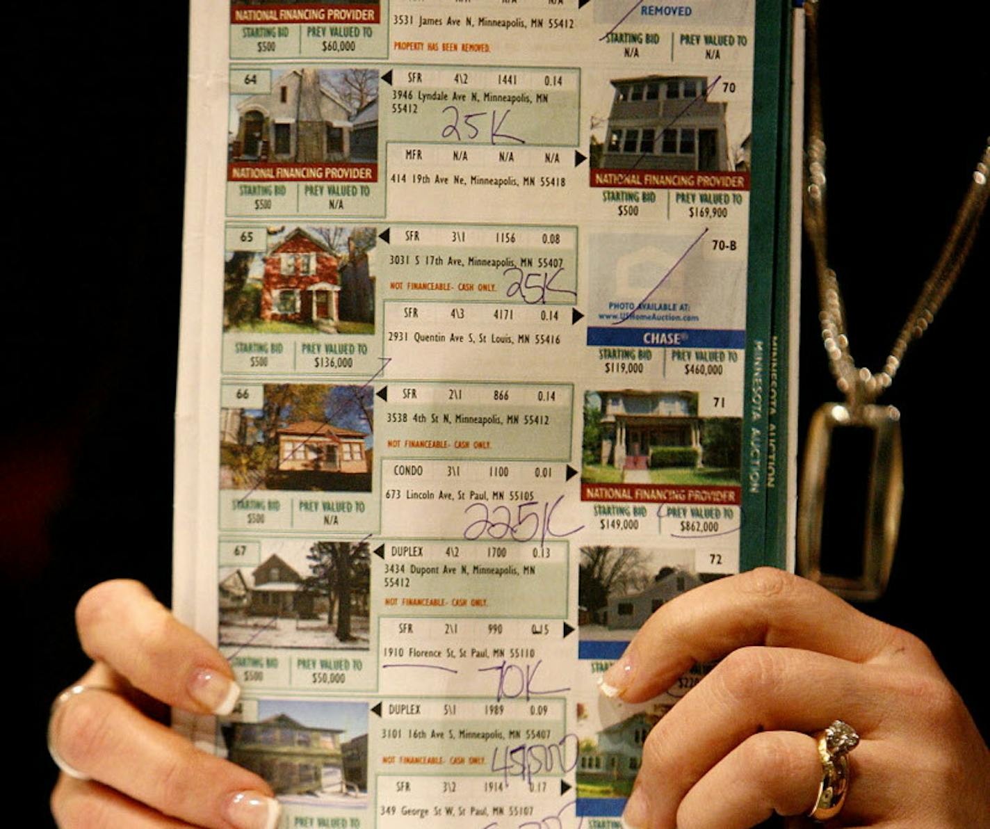 ELIZABETH FLORES&#xef; eflores@startribune.com March 28, 2009 - Minneapolis, MN -Heide Lindstrom-Olson held up a pamphlet displaying the three homes she purchased with her husband Tarryl Olson of Eagan at a foreclosure home acution held at the Minneapolis Convention Center. They baught the homes to refurbish and eventually create rental properties.