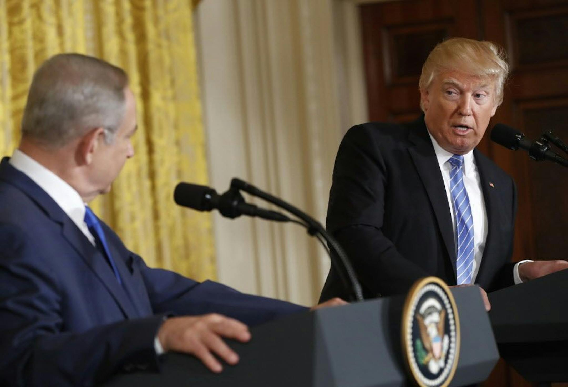 President Donald Trump and Israeli Prime Minister Benjamin Netanyahu participate in a joint news conference in the East Room of the White House in Washington, Wednesday, Feb. 15, 2017.