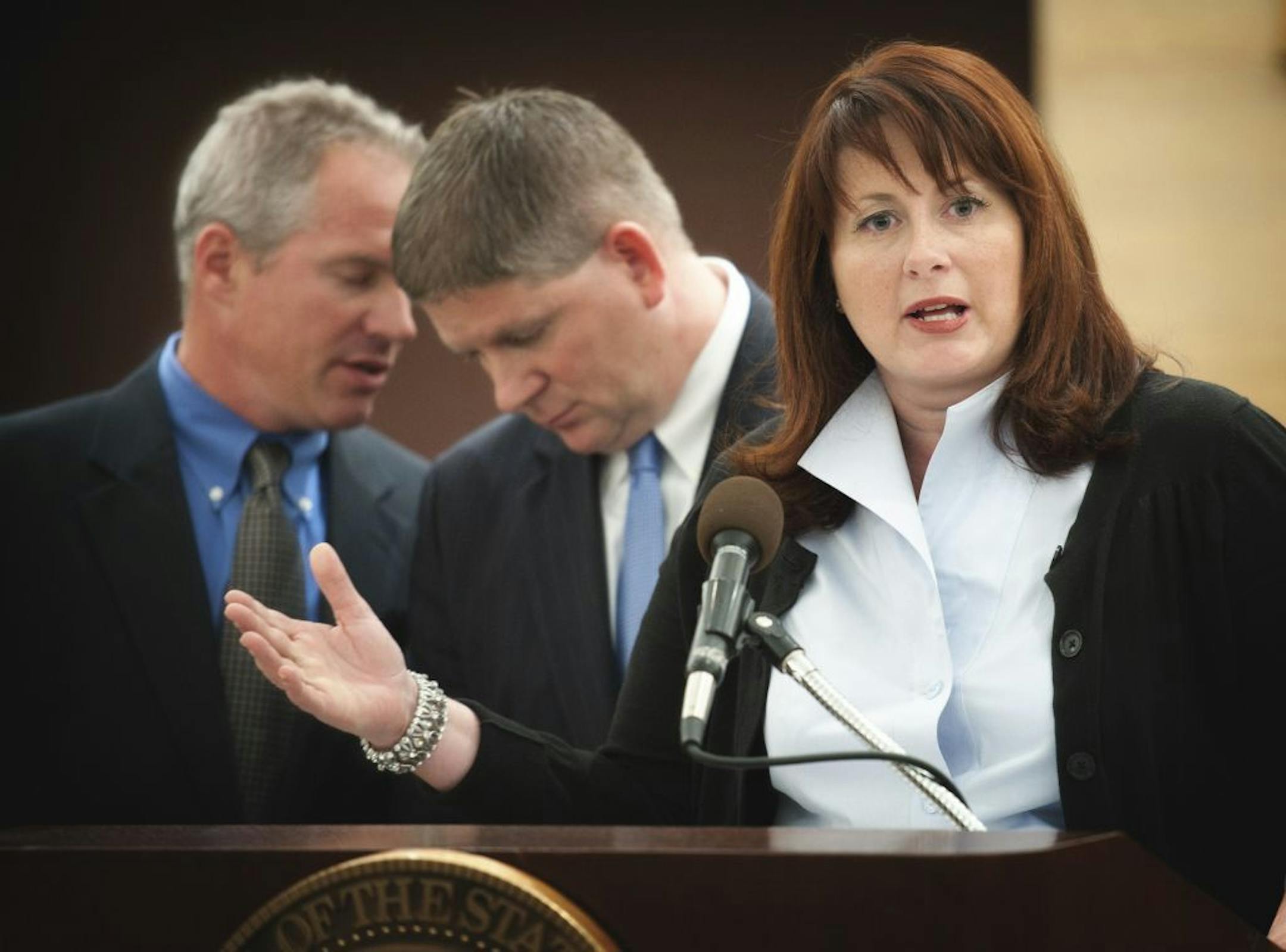Senate Majority Leader Amy Koch spoke with reporters about the state's projected $876 million balance for the 2012-13 biennium December 1, 2011.