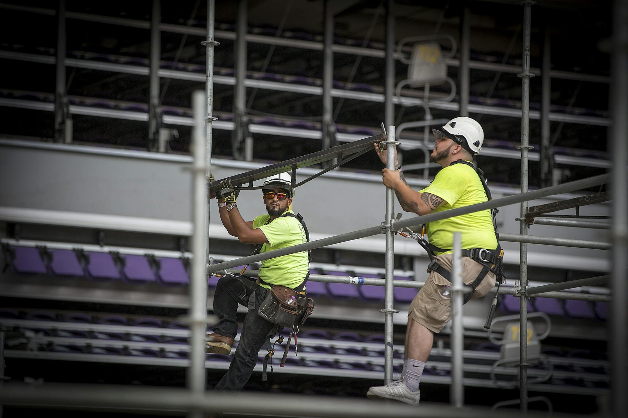 Construction crew worked on assembling different courses for the upcoming X Games that will be held in the US Bank Stadium, Friday, June 30, 2017 in Minneapolis, MN.