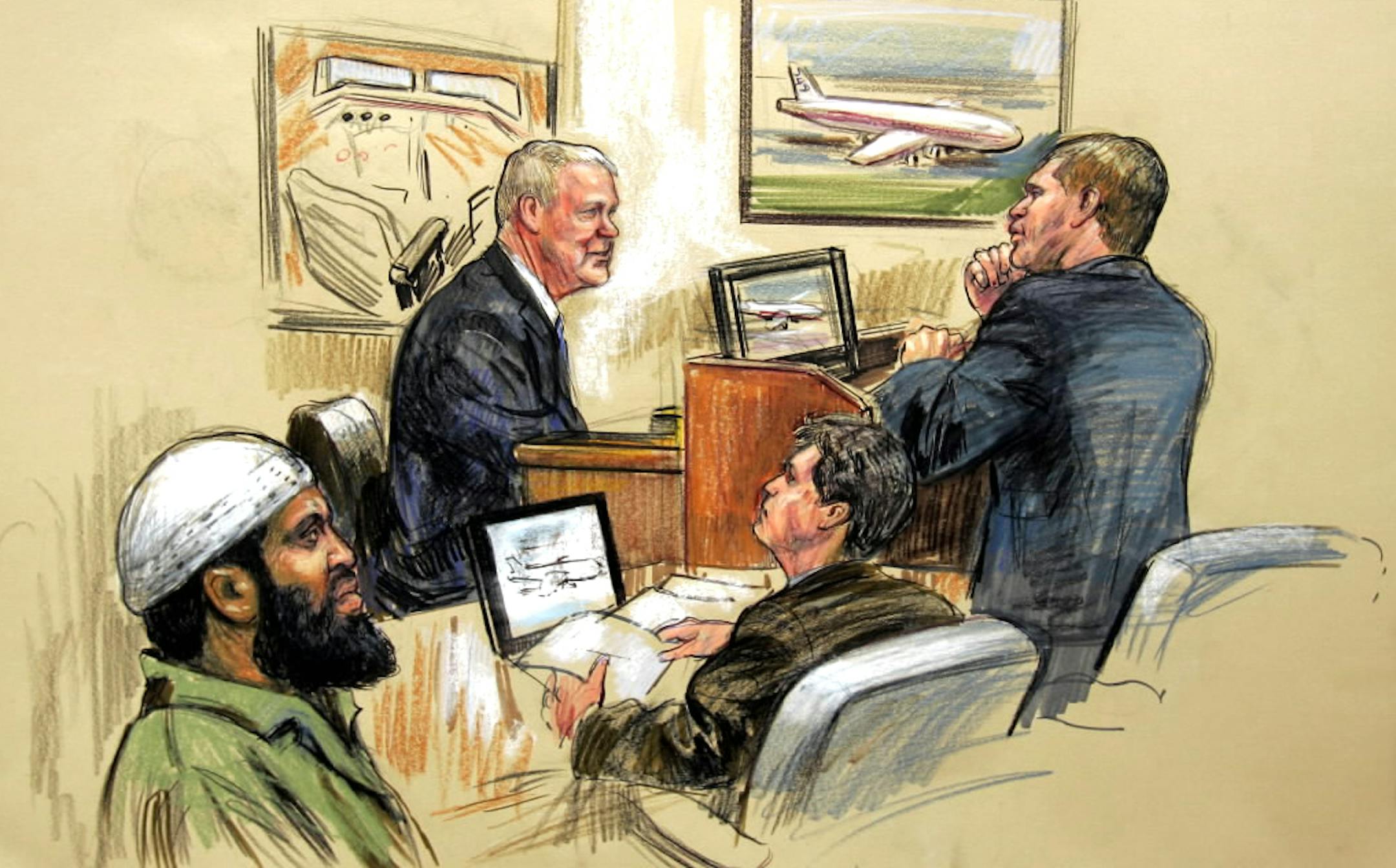 Flight instructor Clarence Prevost was questioned by attorney David Novak, right, in this March 9, 2006, artist rendering during the trial of Zacarias Moussaoui, left, at U.S. District Court in Alexandria, Va.