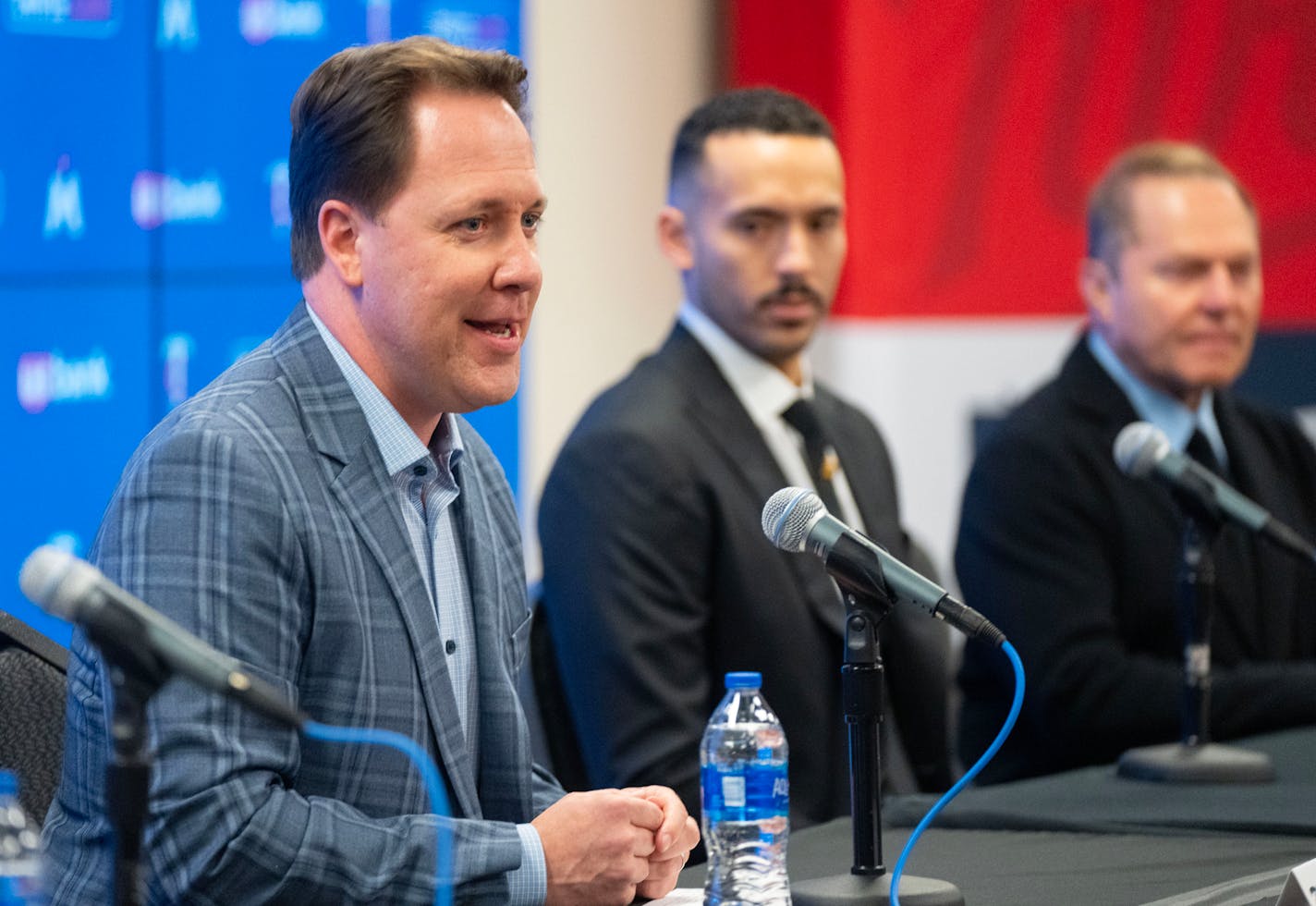 Derek Falvey, President of Baseball Operations for the Minnesota Twins, speaks during a press conference to announce Correa's re-signing Wednesday, Jan. 11, 2023 at Target Field in Minneapolis. ]