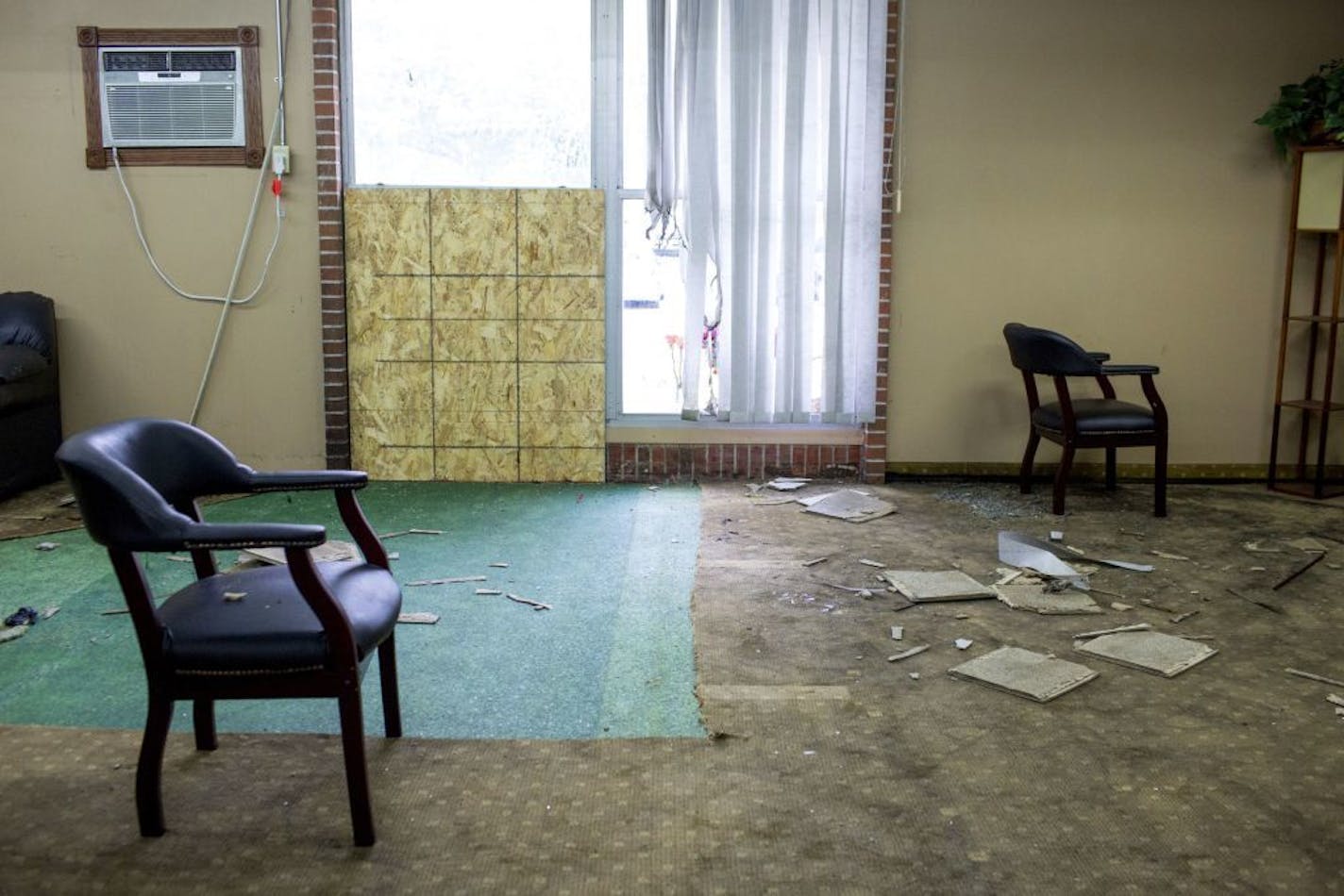 Debris is scattered around a room inside the Dar Al Farooq Islamic Center, in Bloomington, Minn., on Sunday, Aug. 6, 2017. An explosion damaged the room and shattered windows as worshippers prepared for morning prayers early Saturday.