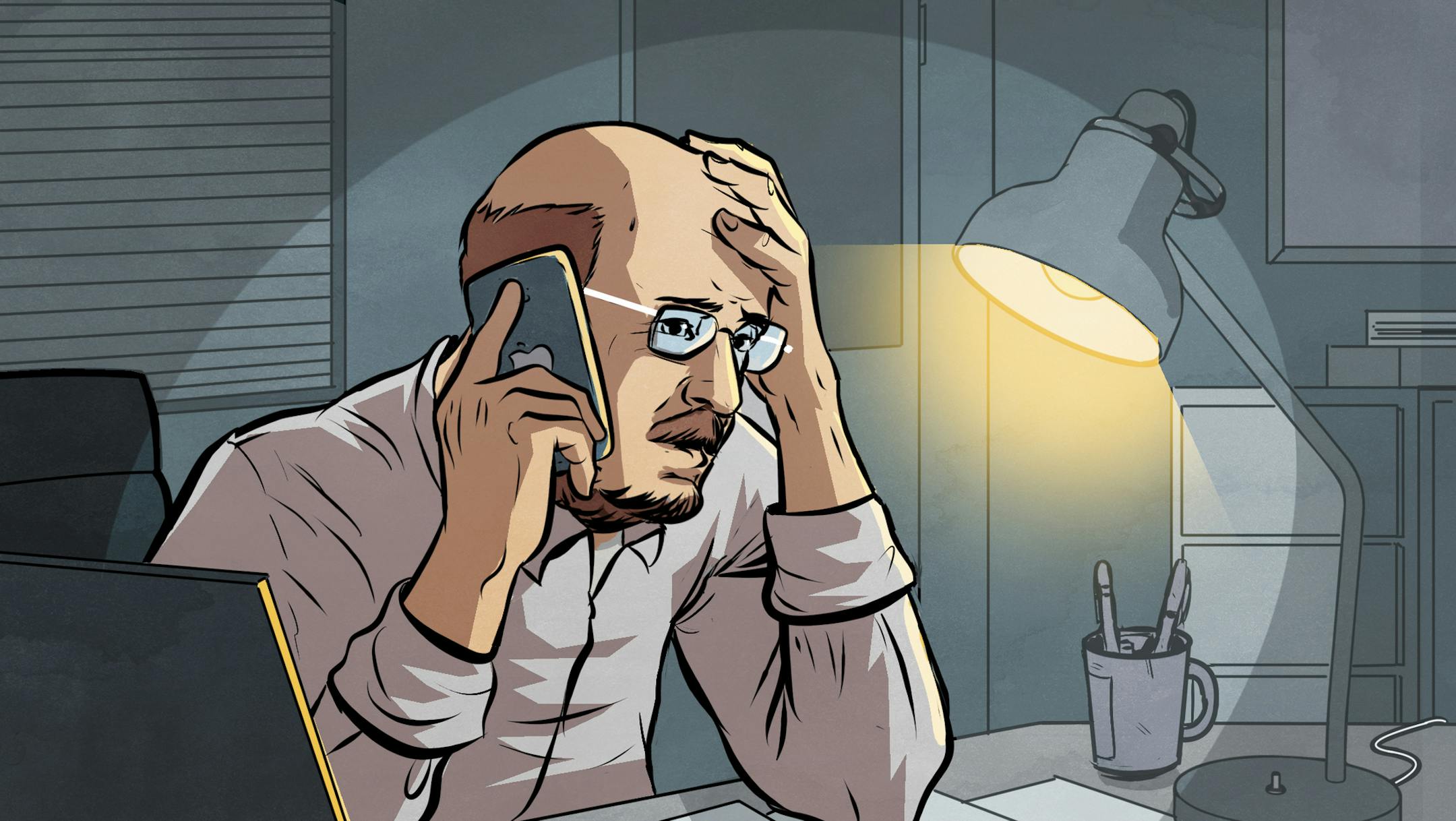 Inside illustration to go with the Oral History of Brett Favre's Arrivale in Minneapolis. This image shows former head coach Brad Childress on the phone in his office. Publication date is August 18, 2019. Illustration by Rafa Alvarez, Special to the Star Tribune