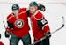 The Minnesota Wild's Erik Haula (56) and Nino Niederreiter (22) celebrate after a Haula goal in the second period against the Florida Panthers on Tues