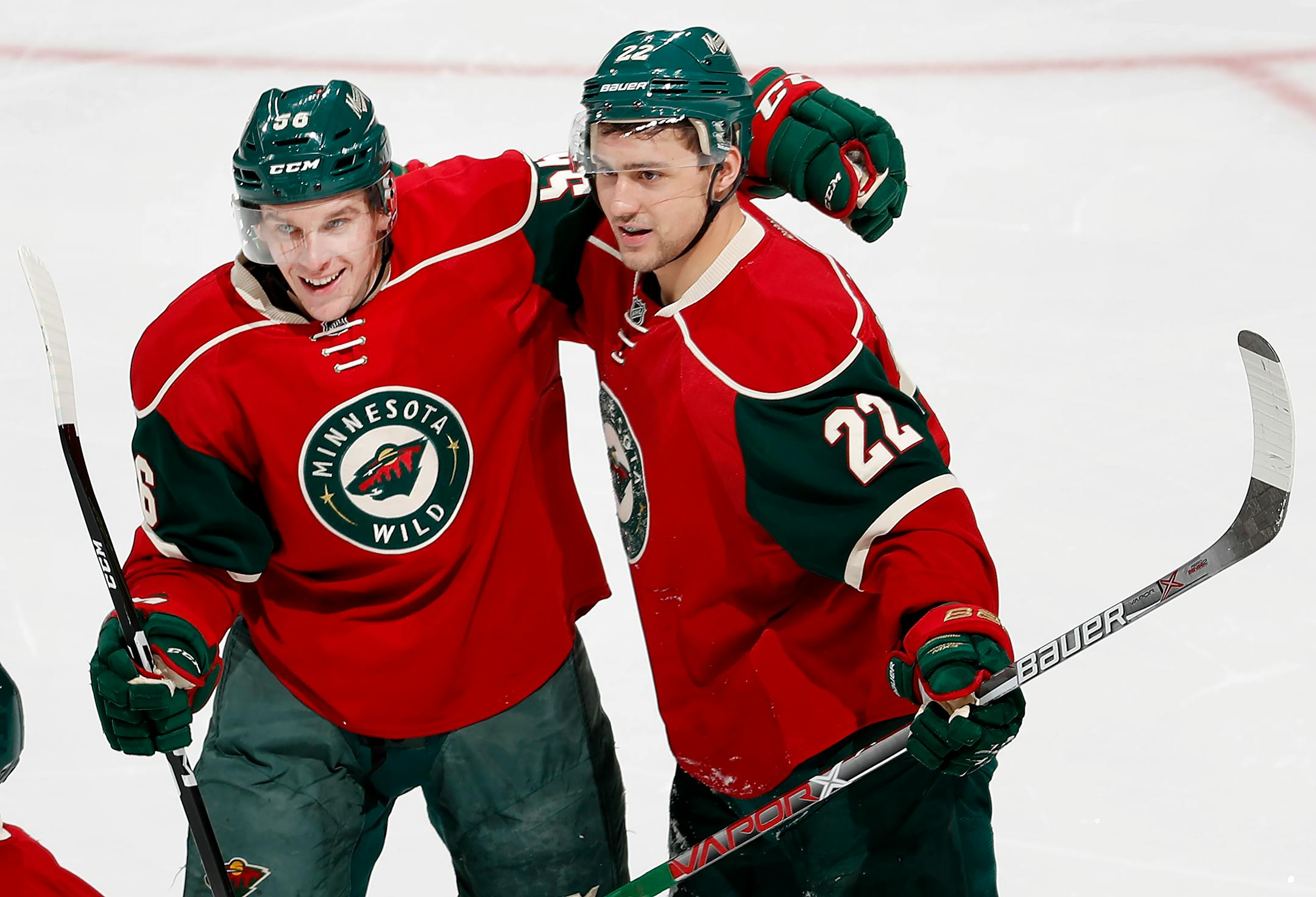 The Minnesota Wild's Erik Haula (56) and Nino Niederreiter (22) celebrate after a Haula goal in the second period against the Florida Panthers on Tuesday, Dec. 13, 2016, at Xcel Energy Center