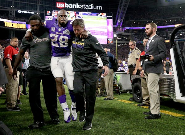 Vikings running back Adrian Peterson was helped back to the locker room in the third quarter after leaving the game. He is scheduled for an MRI on Mon