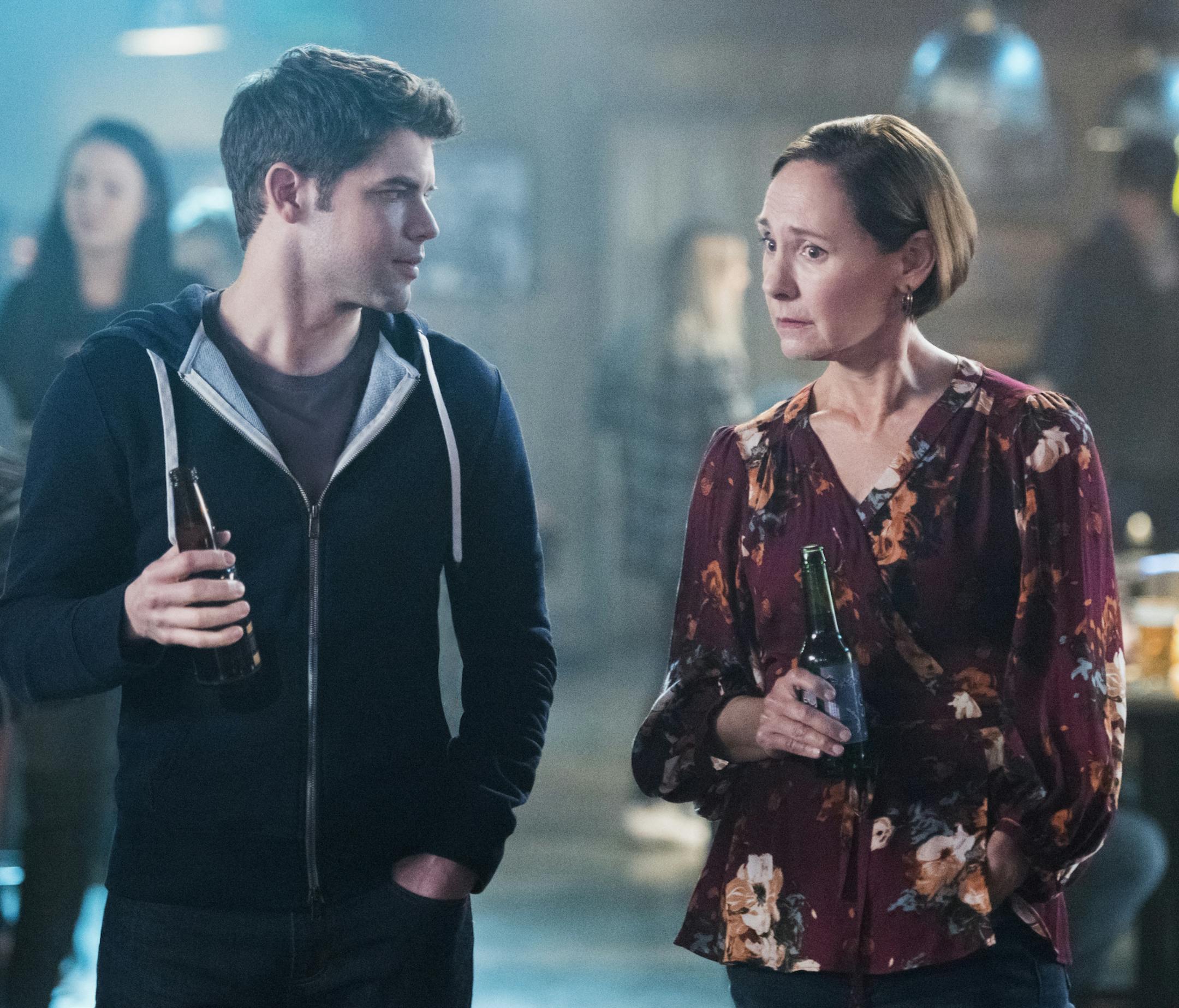 Supergirl -- "Schott Through the Heart" -- Image Number: SPG314b_0286.jpg -- Pictured (L-R): Jeremy Jordan as Winn and Laurie Metcalf as Mary McGowan -- Photo: Dean Buscher/The CW -- √?¬© 2018 The CW Network, LLC. All rights reserved.