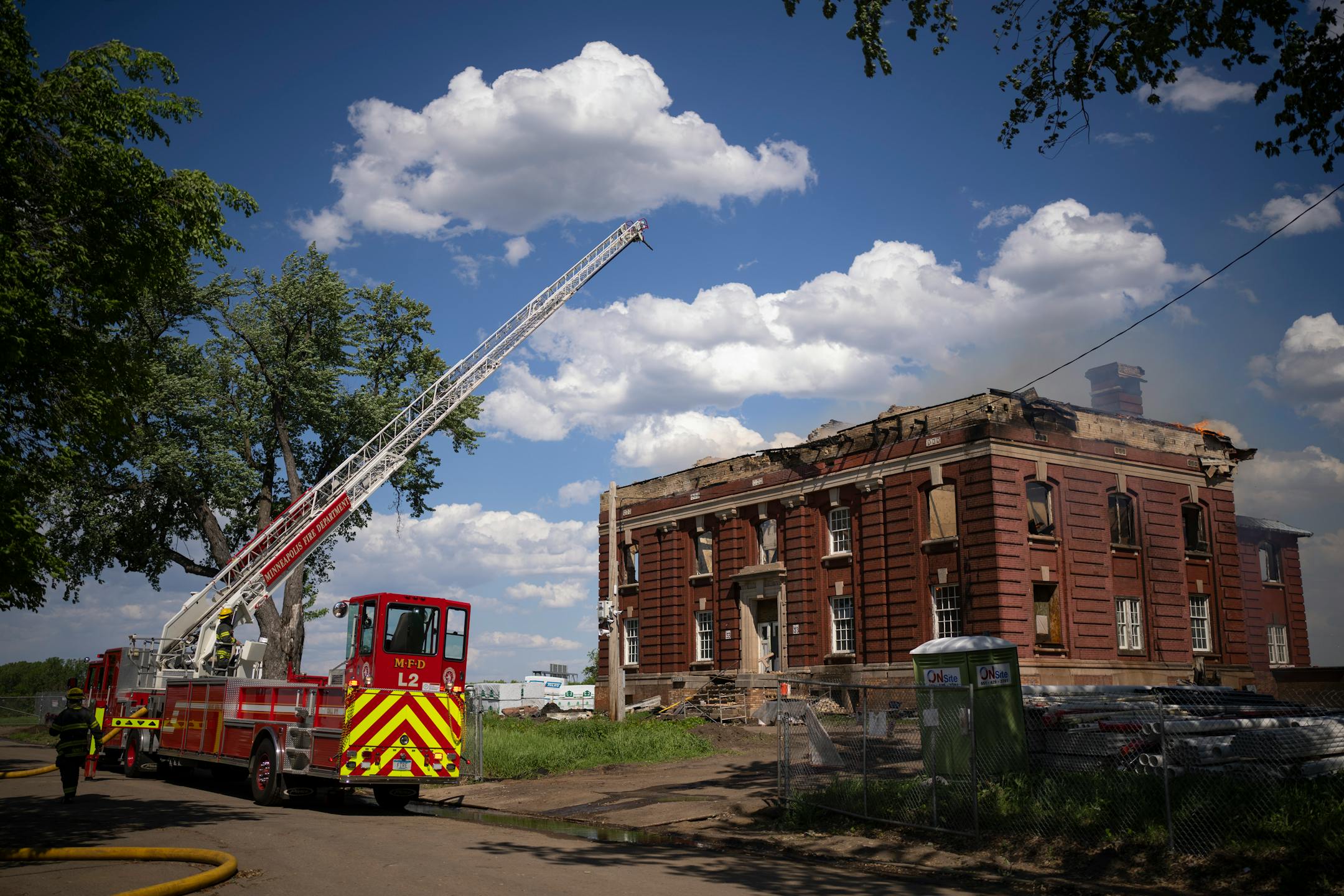 A fire severely damaged a historic building on Taylor Ave. where construction work had been taking place Thursday afternoon, June 2, 2022 in Minneapolis, Minn. High winds fanned the fire and hampered firefighting efforts by the Minneapolis Fire Department. ] JEFF WHEELER • Jeff.Wheeler@startribune.com