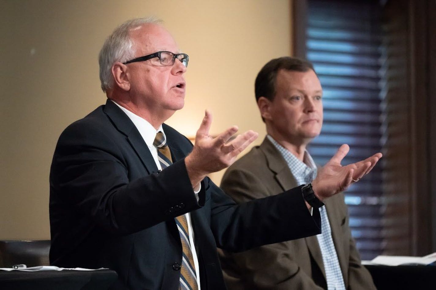 Candidates for governor Tim Walz and Jeff Johnson have their first debate at Grand View Lodge, Nisswa, MN. Tom Hauser of KSTP moderated the debate.