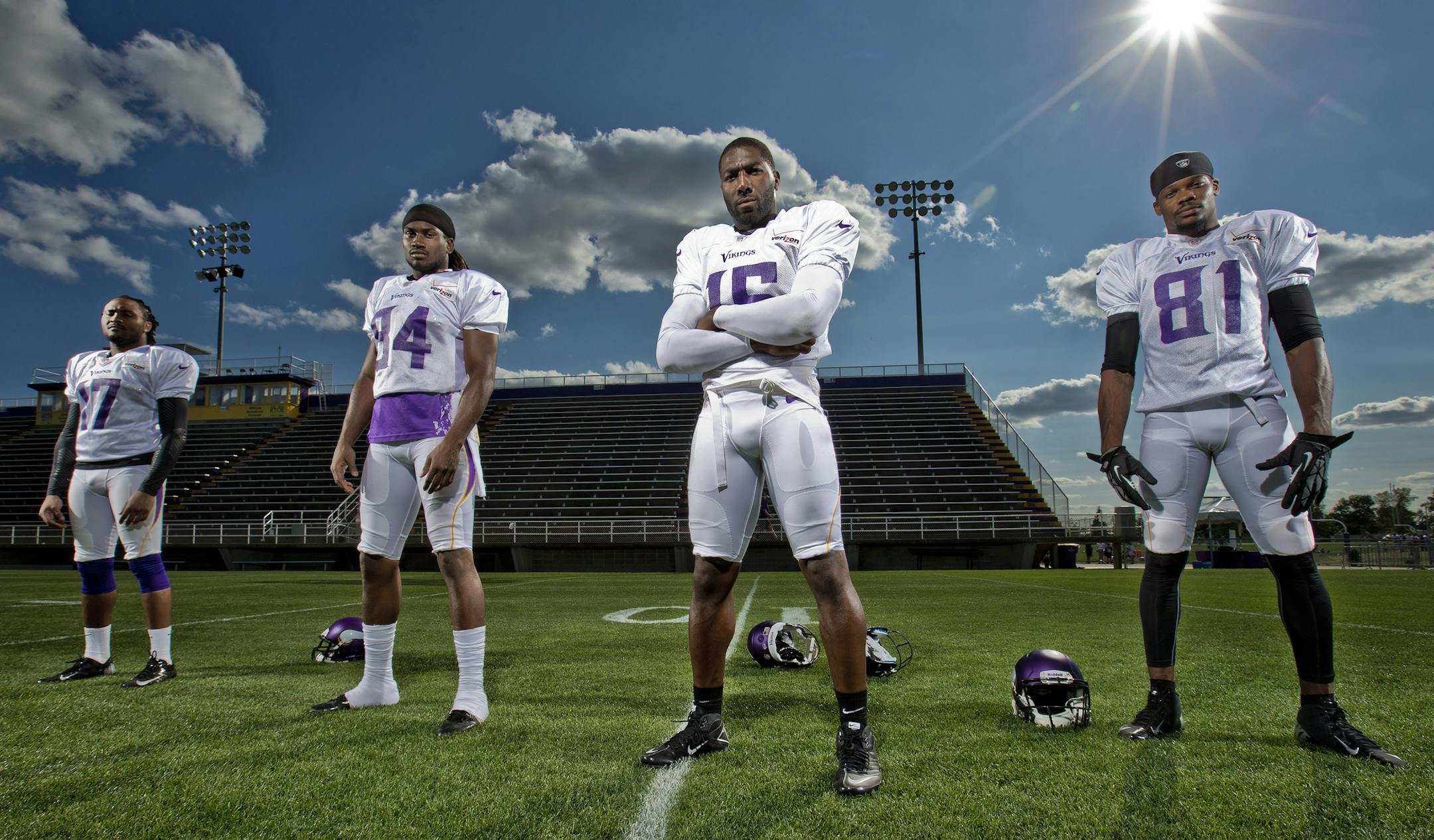 Minnesota Vikings receivers Jarius Wright (17), Cordarrelle Paterson (84), Greg Jennings (15) and Jerome Simpson (81). ] CARLOS GONZALEZ cgonzalez@startribune.com August 13, 2013, Minnesota Vikings Training Camp, Mankato, Minn., Minnesota State University, Mankato - ORG XMIT: MIN1308222119595900