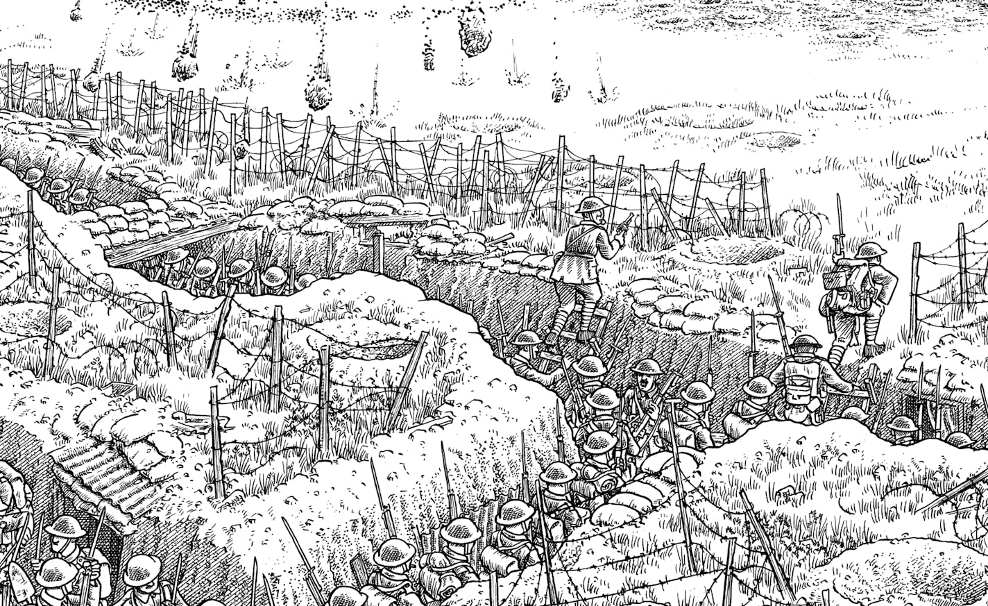 Detail from Plate 11 of Joe Sacco's The Great War: July 1, 1916: The First Day of the Battle of the Somme. On July 1st, at precisely 7:30 a.m., the attack commences.