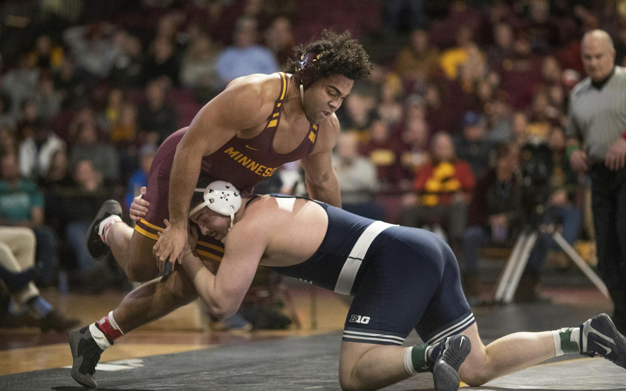 Minnesota heavyweight Gable Steveson defeated Penn State's Seth Nevis Clovis .] Jerry Holt •Jerry.Holt@startribune.com Gophers wrestling dual meet against defending NCAA champ Penn State Sunday February 9, 2020 at Maturi Pavilionin on the University of Minnesota campus in Minneapolis,MN.