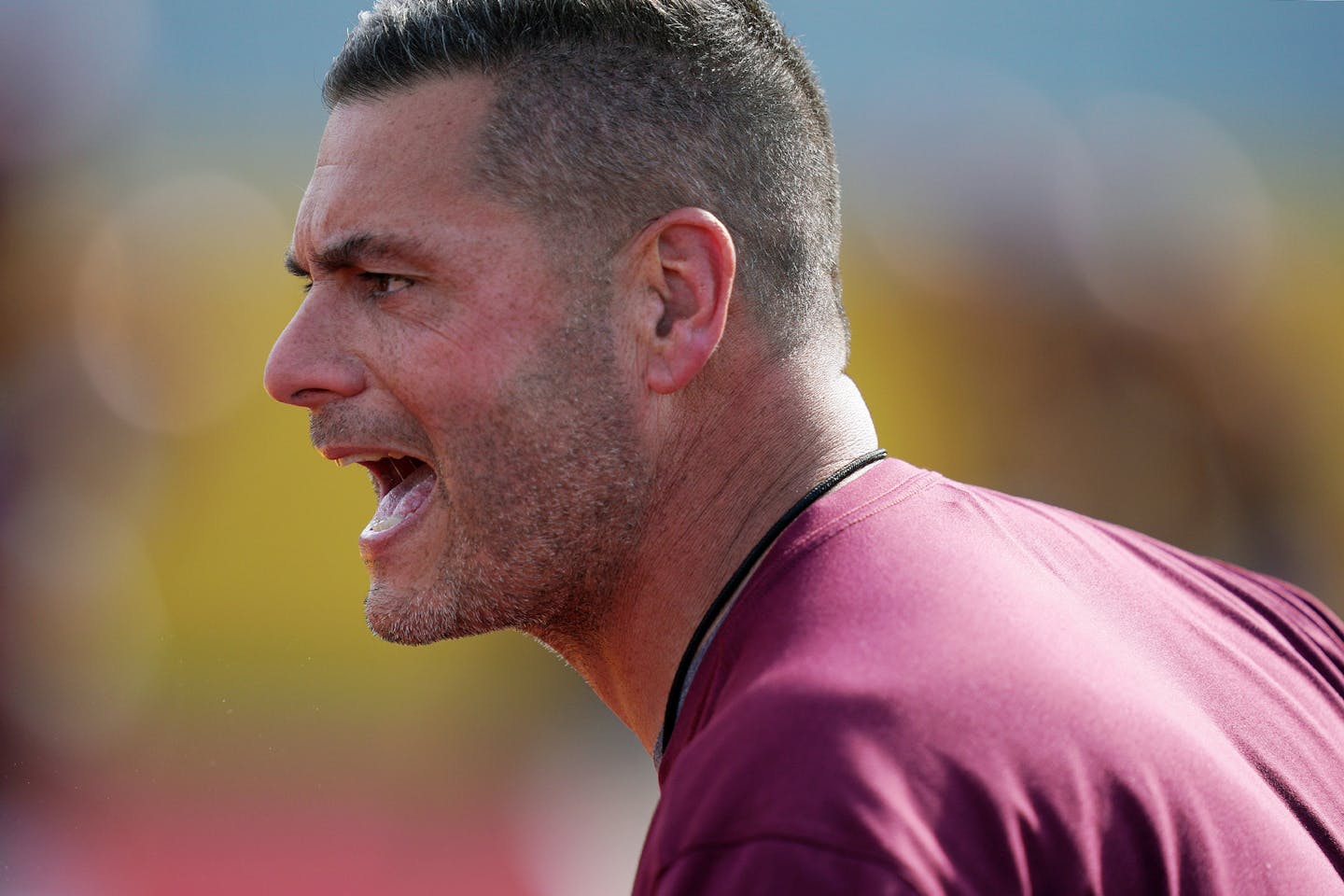 Minnesota Golden Gophers defensive line coach Jim Panagos shouted directions to his players during practice Friday. ] ANTHONY SOUFFLE &#x2022; anthony.souffle@startribune.com The Minnesota Golden Gophers football team held an open practice Friday, Aug. 19, 2019 at Athlete's Village on the grounds of the University of Minnesota in Minneapolis. ORG XMIT: MIN1908161851363311