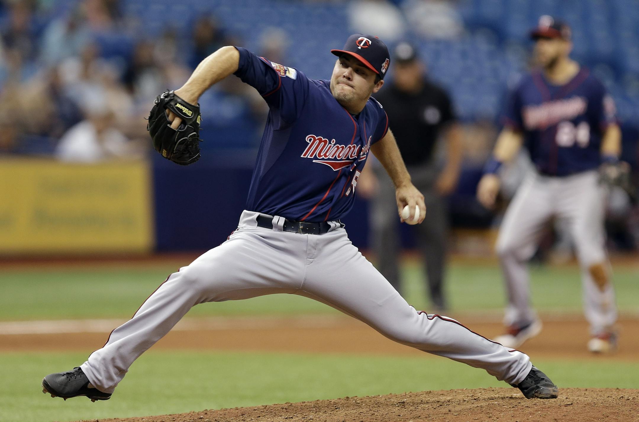 Minnesota Twins relief pitcher Caleb Thielbar pitches to the Tampa Bay Rays during a baseball game Thursday, April 24, 2014, in St. Petersburg, Fla.
